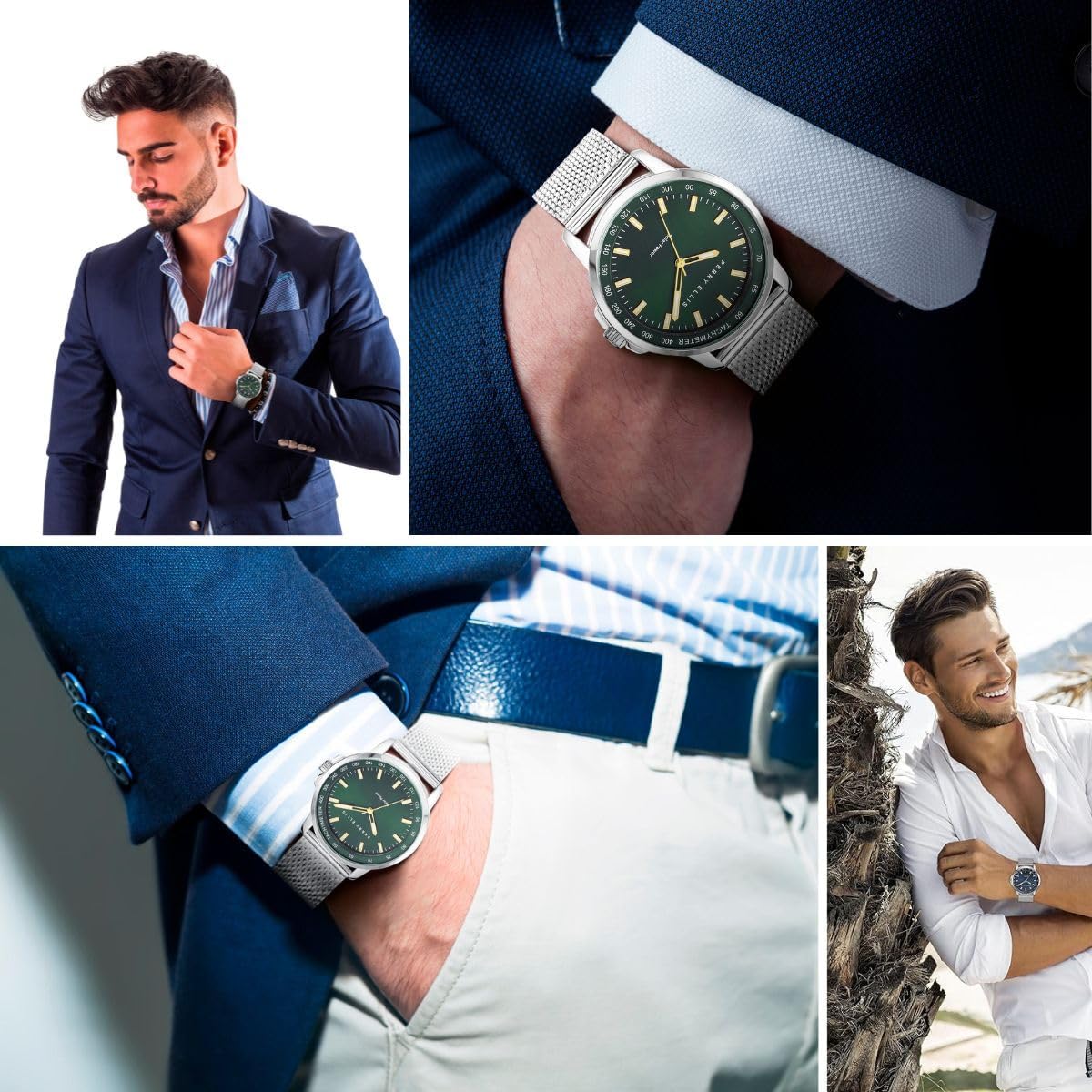 Perry Ellis Solar Powered Mens Watch | Steel Mesh Band | Water-Resistant Analog Wrist Watches for Men | 43mm Case | Aluminum Tachymeter Bezel | Elegant Gift for Man