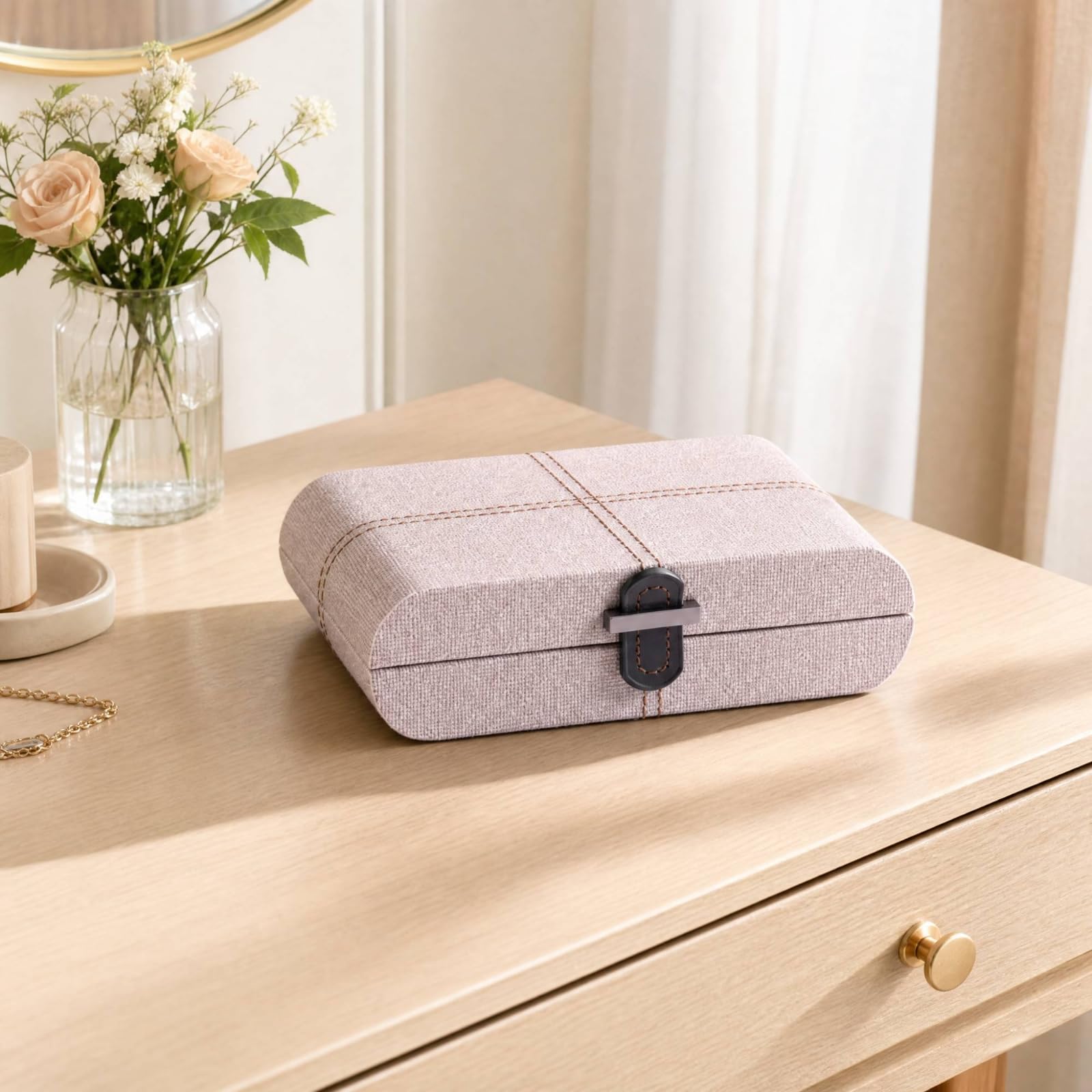 Caja Joyas PU Seguro Organizador Accesorios Morno Joyero para Cómoda, Entrada, Beige