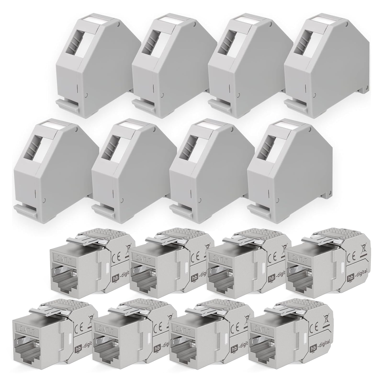 hb-digital Zestaw: 8X Cat.7 Keystone moduł RJ45 + 8X adapter szyny montażowej uchwyt Keystone do szyny montażowej 35 mm standard | RJ45-Jack ekranowany montaż bez narzędzi sieć Ethernet LAN STP LSA