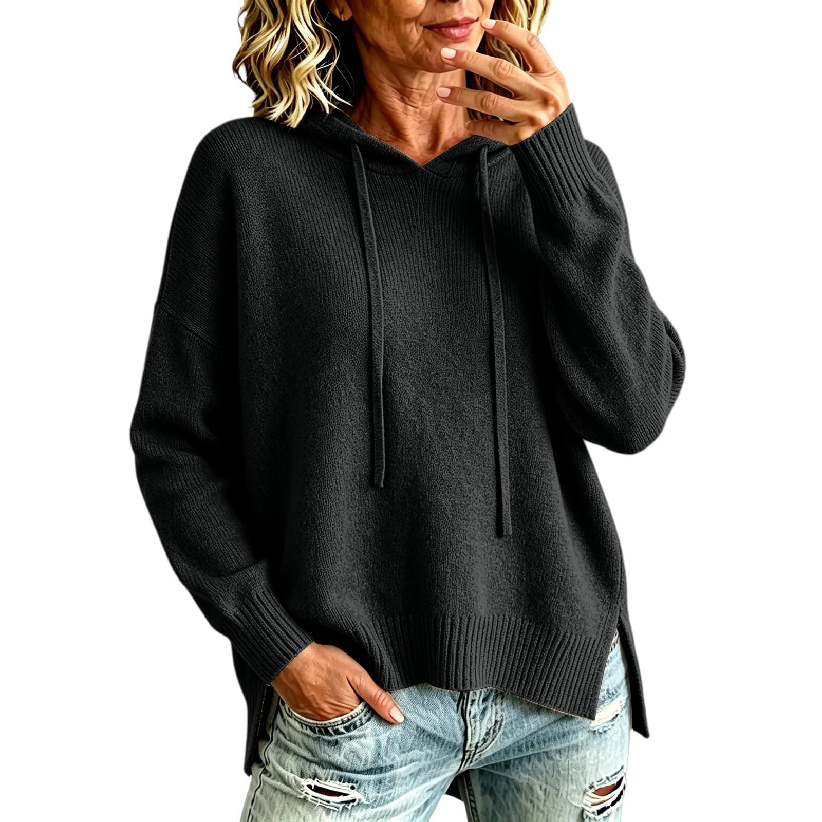 Sudadera de punto para mujer con capucha, elegante, básica, lisa