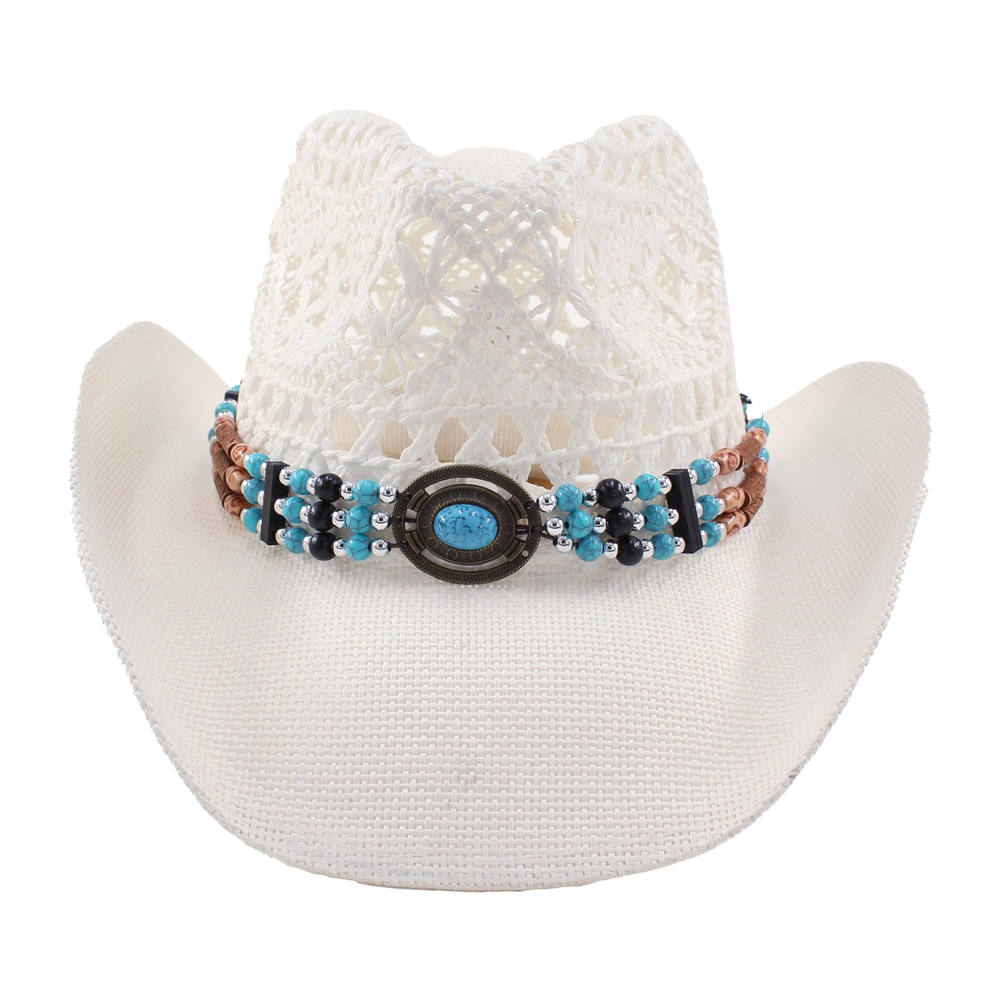 Sombrero Vaquero Mujer Hombre Estilo Oeste de Paja Calada con Cuentas Turquesa Decorativas, Transpirable, Ajustable, Verano, Western