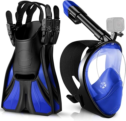 Odoland Paquetes de esnórquel, máscara de esnórquel de cara completa para adultos y jóvenes con soporte para cámara, aletas de natación ajustables,