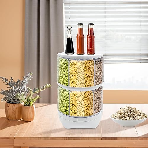 Miniatura 2 de Dispensador de arroz, dispensador de cereales giratorio de 360 de 12 rejillas con tapa y cajón, organizador de almacenamiento de granos para