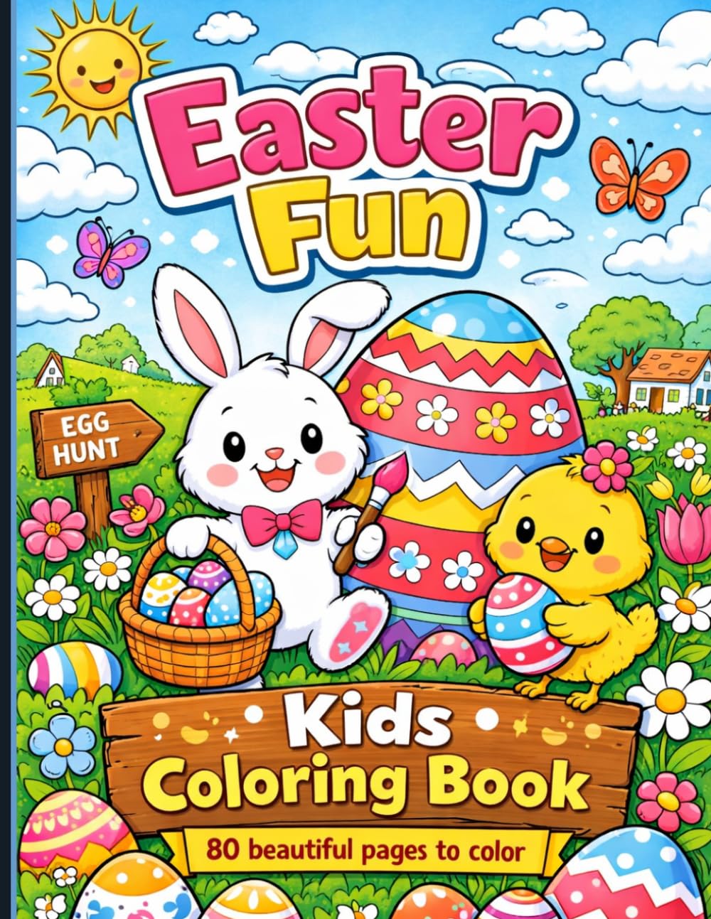 Easter Fun Coloring Book for Kids Ages 3–8: Cute Bunnies, Chicks, Eggs & Spring Scenes – 80 Easy and Fun Coloring Pages for Toddlers, Preschoolers and Young Kids