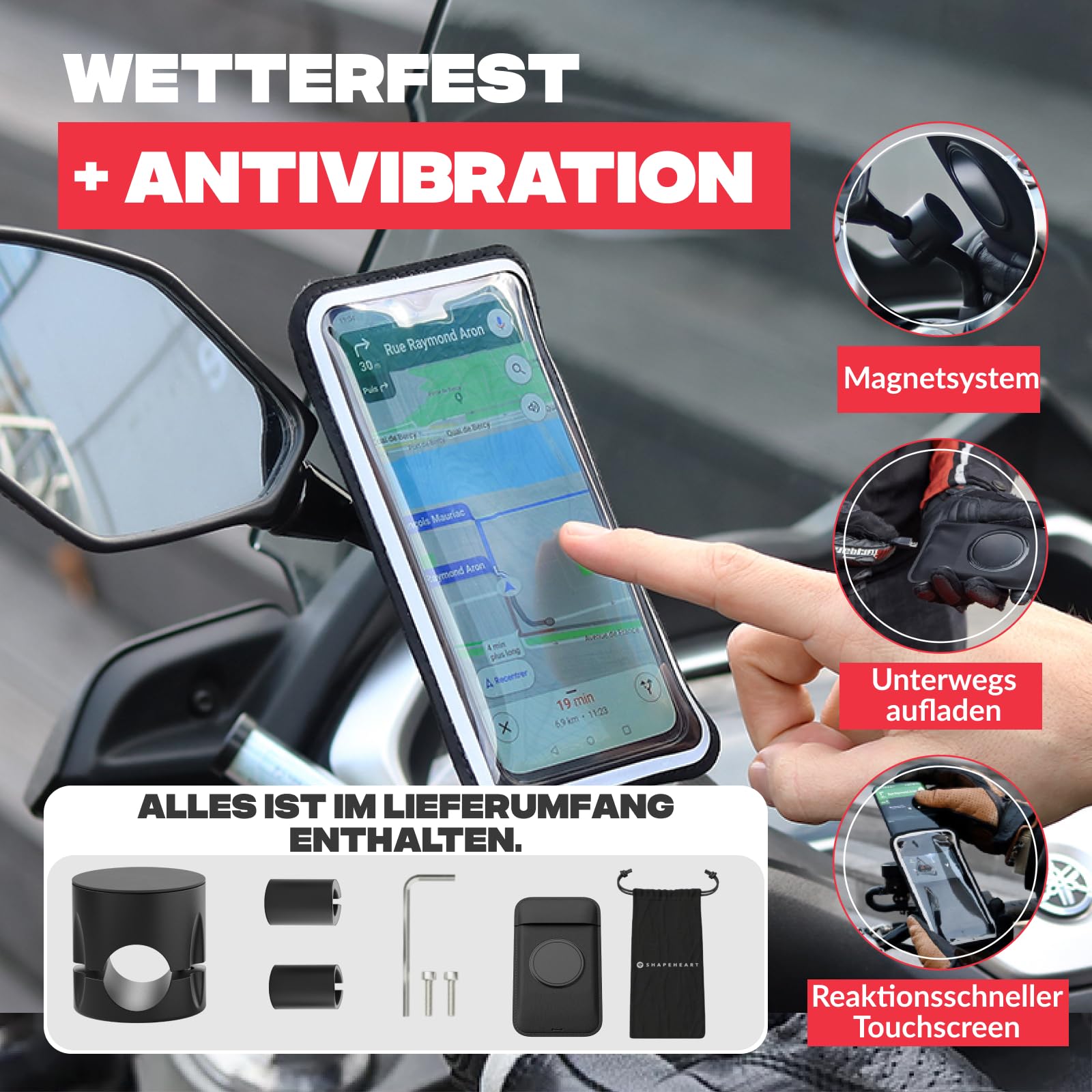 Shapeheart Handyhalterung für Motorradspiegel, abnehmbar & Weatherproof | Für alle Handys | Schraubbefestigung 8–17 mm | 1-Hand-Bedienung | Touchscreen | Dämpft Vibrationen | GPS, Roller, Scooter