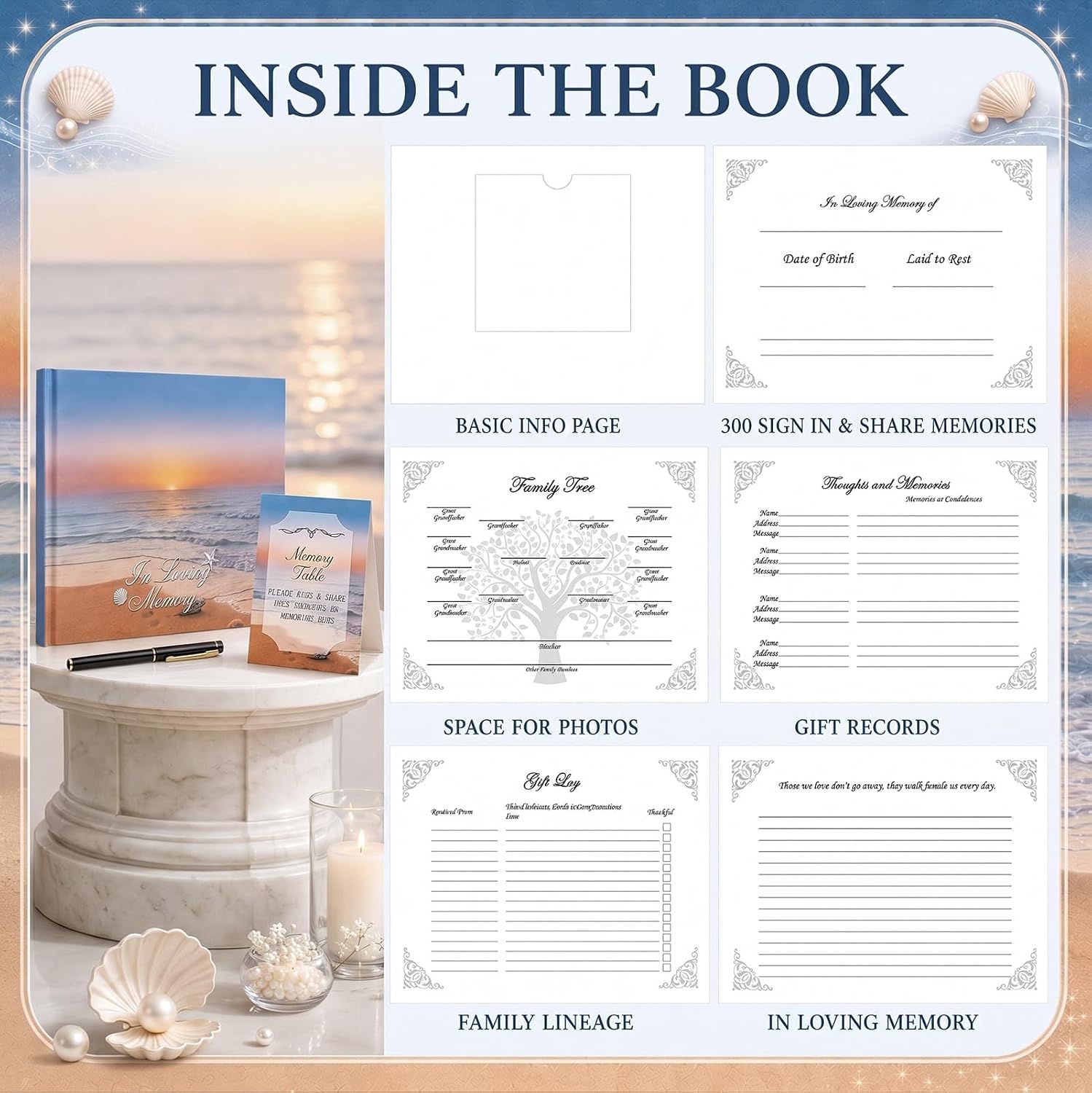 Funeral Guest Book for Memorial Ocean Beach | GuestBook for Funerals an Elegant Celebration of Life Guest Book and a Loving Memorial Complete with Pen and Table Sign
