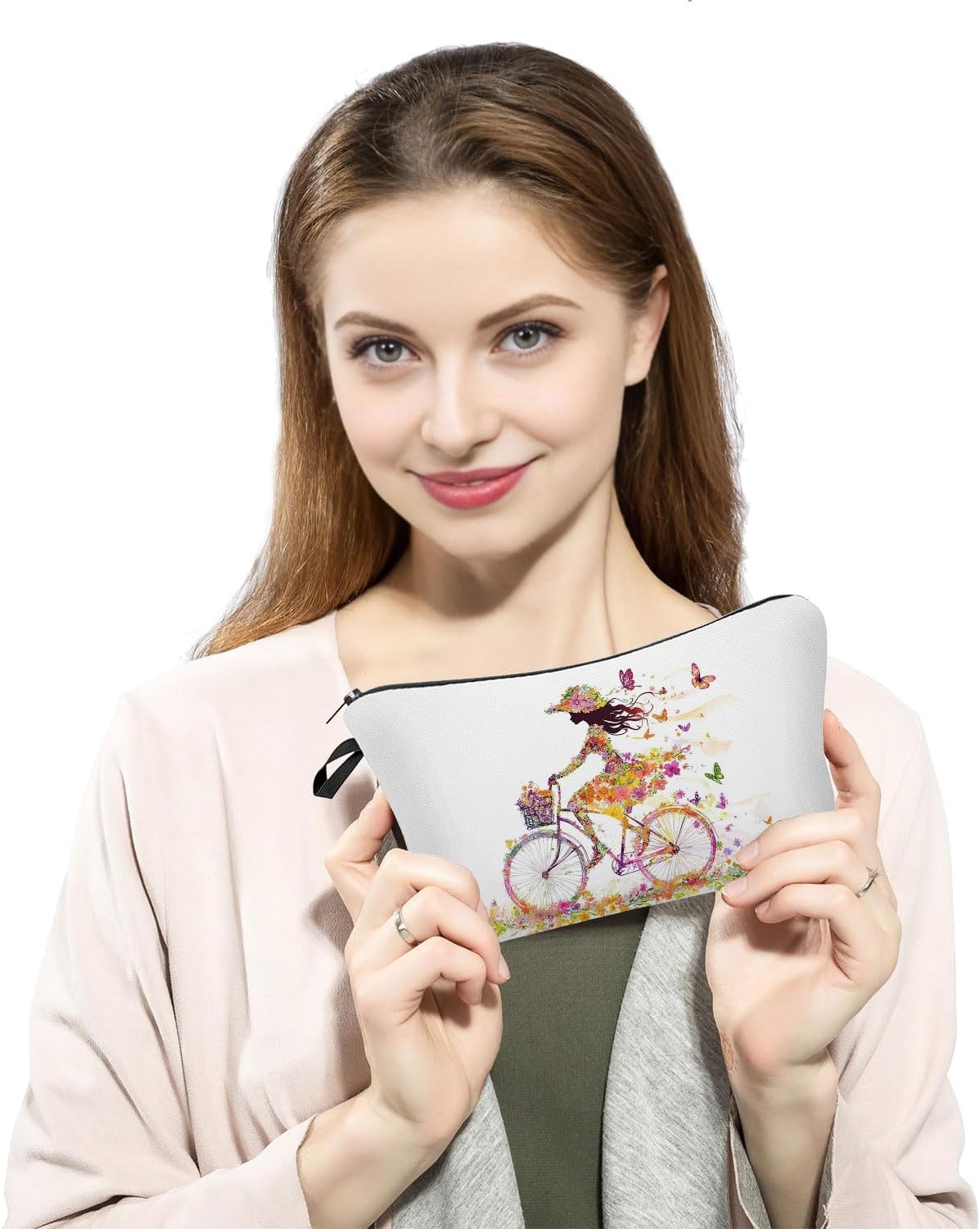 Floral Bicycle Lady Print Small Cosmetic Bag image 3