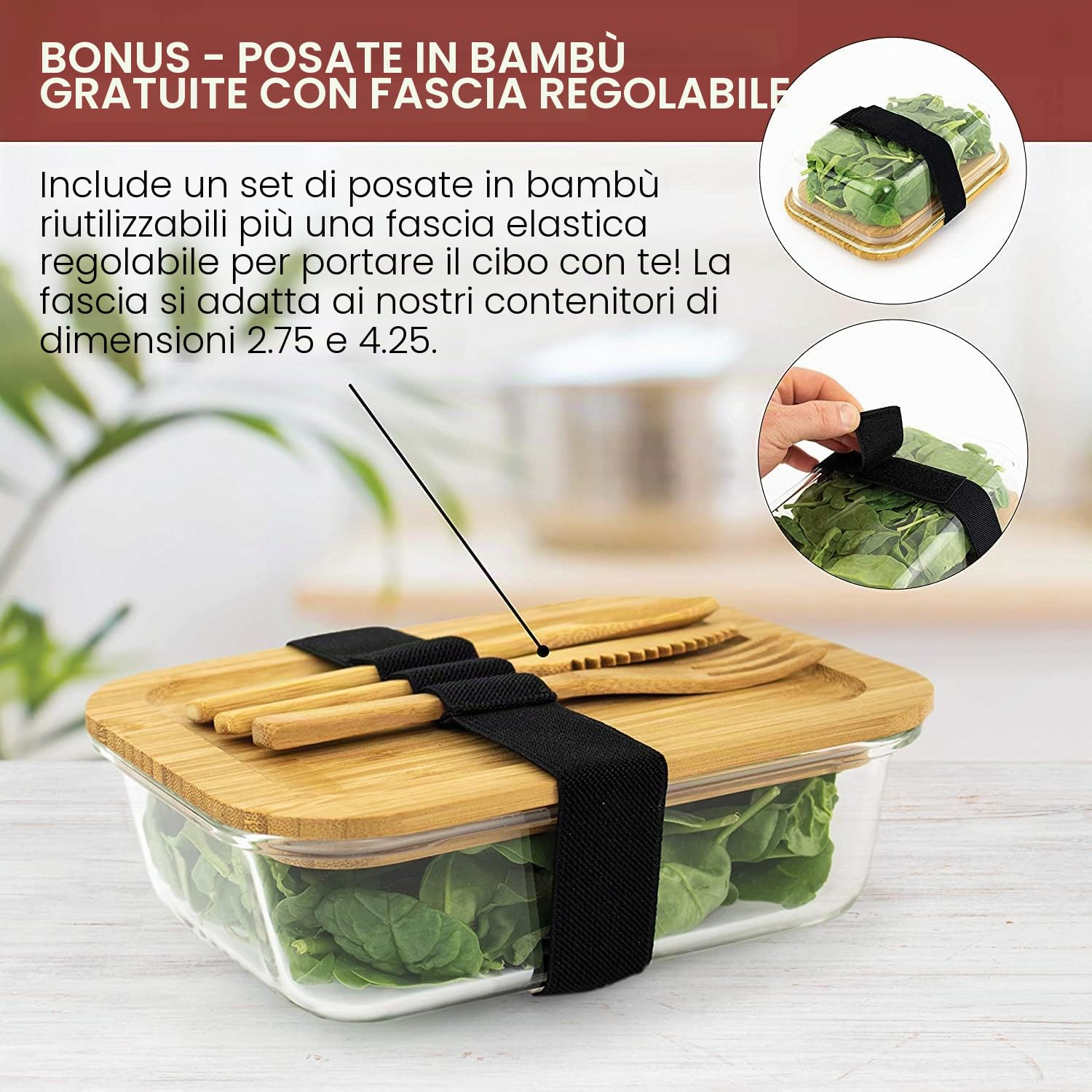 Gramercy Contenitore in Vetro per Alimenti 4x con Coperchio Bambù - Senza BPA, Anti-Perdite