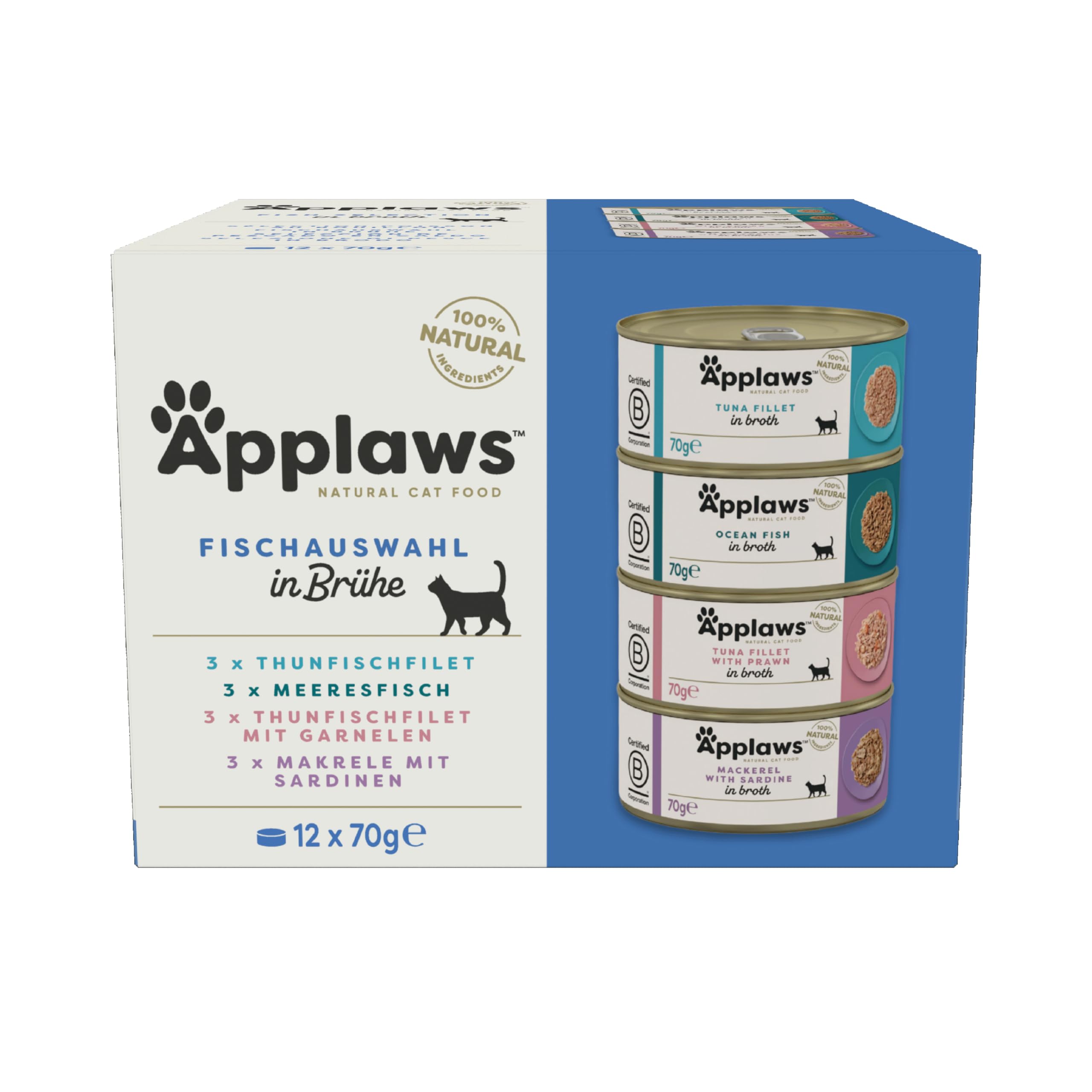 Applaws 100% natürliches Premium-Nassfutter für ausgewachsene Katzen, Fisch-Multipack-Auswahl in Brühe - Packung mit 12 x 70g Dosen