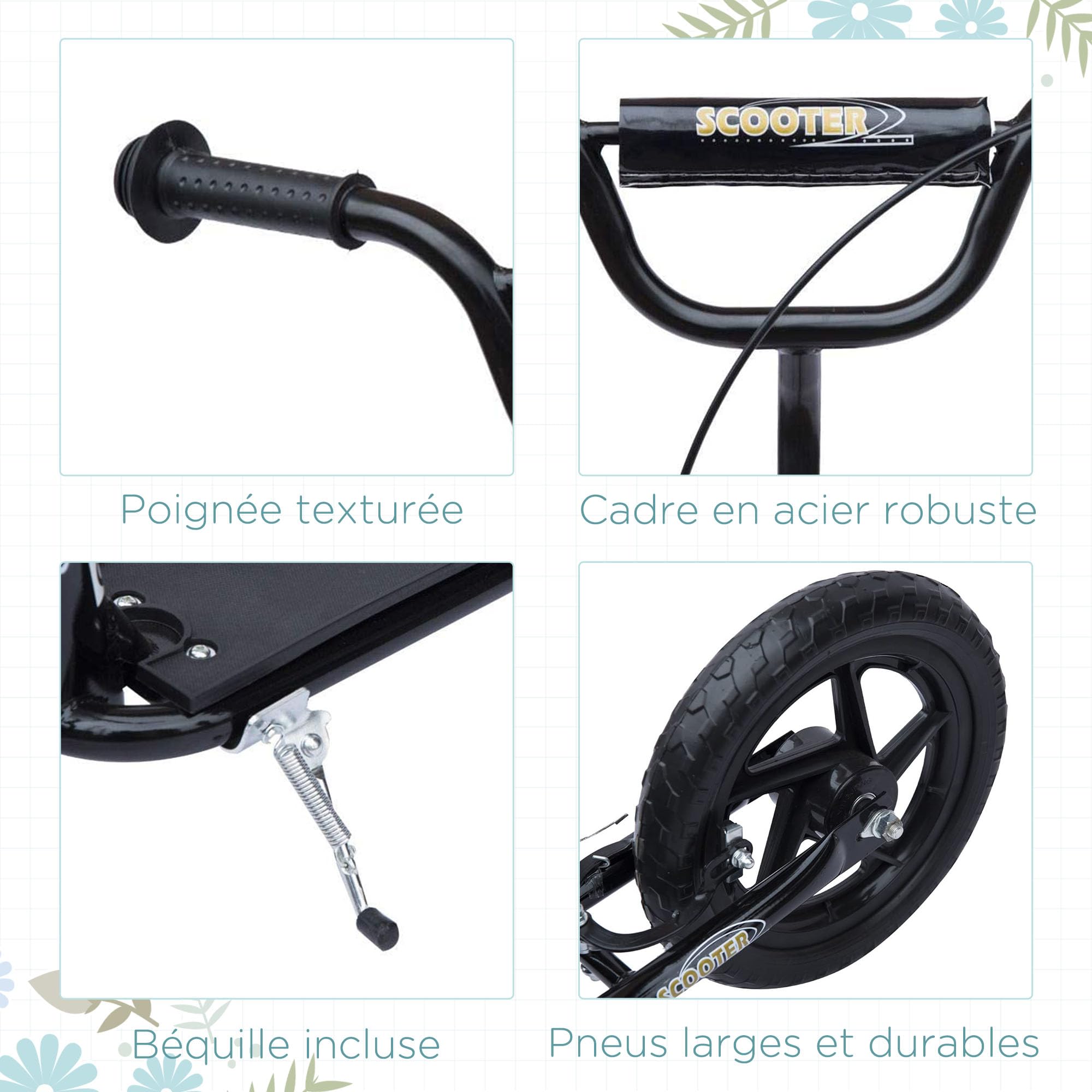 HOMCOM Monopattino per bambini pista pneumatici 30 cm altezza manubrio regolabile maniglia freno e cavalletto in acciaio per bambini dai 5 anni