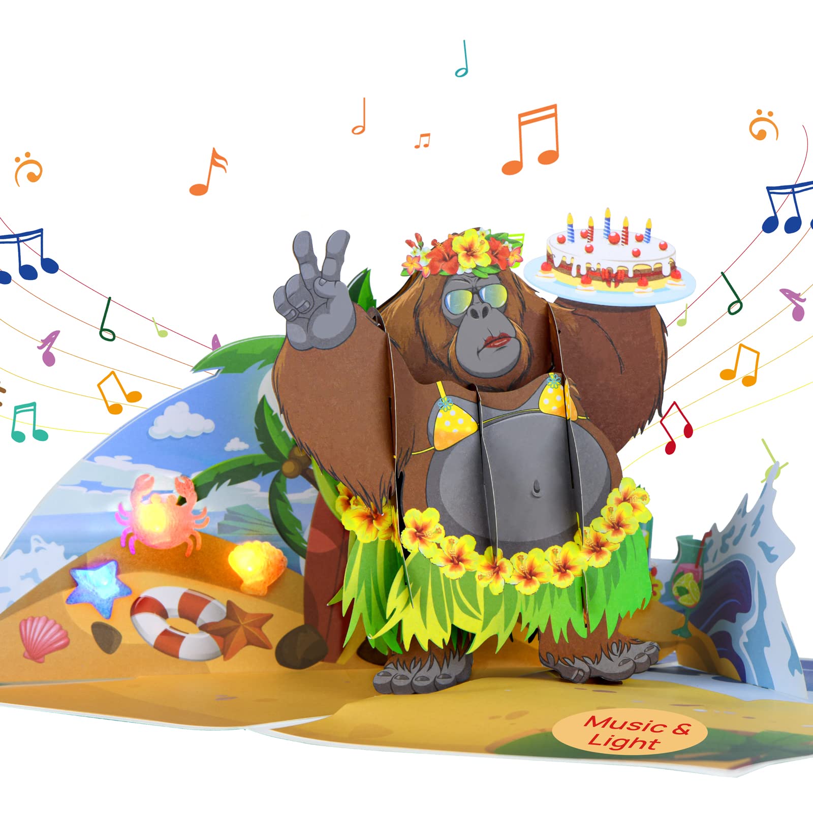 Musical Birthday Card, Beach Party Pop-Up Birthday Card for Men, Women, 3D Gorilla Happy Birthday Cards for Girls, Boys, Son, Grandson, Husband