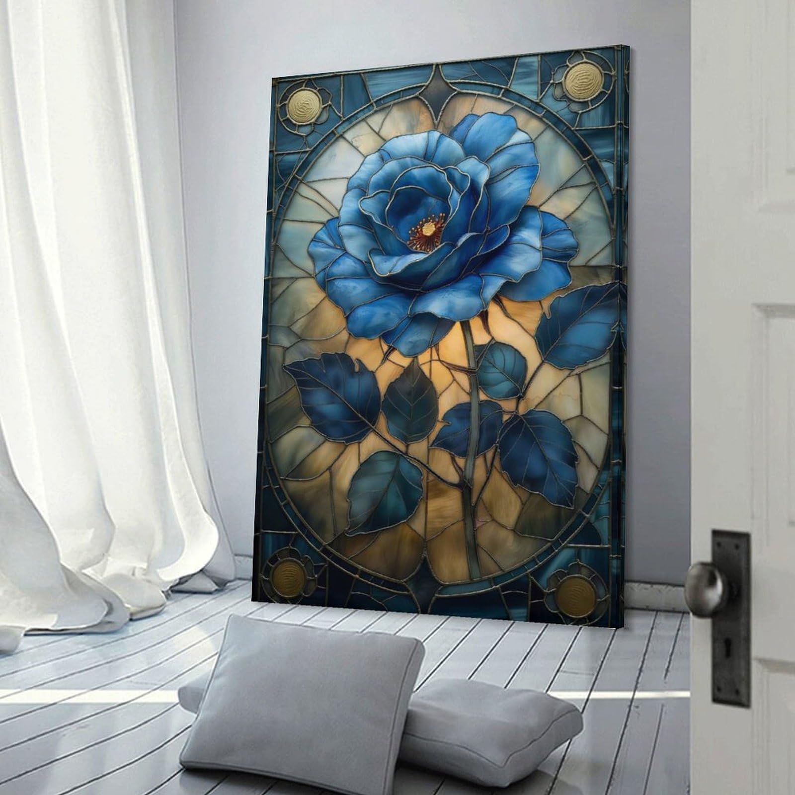 Junmoney Room Decor Wall Art Stained Glass Blue Rose, 20x30inch(50x75cm), for Workspace Walls, Study Corners Or Bedrooms, A Smart Decor Choice for Study Walls