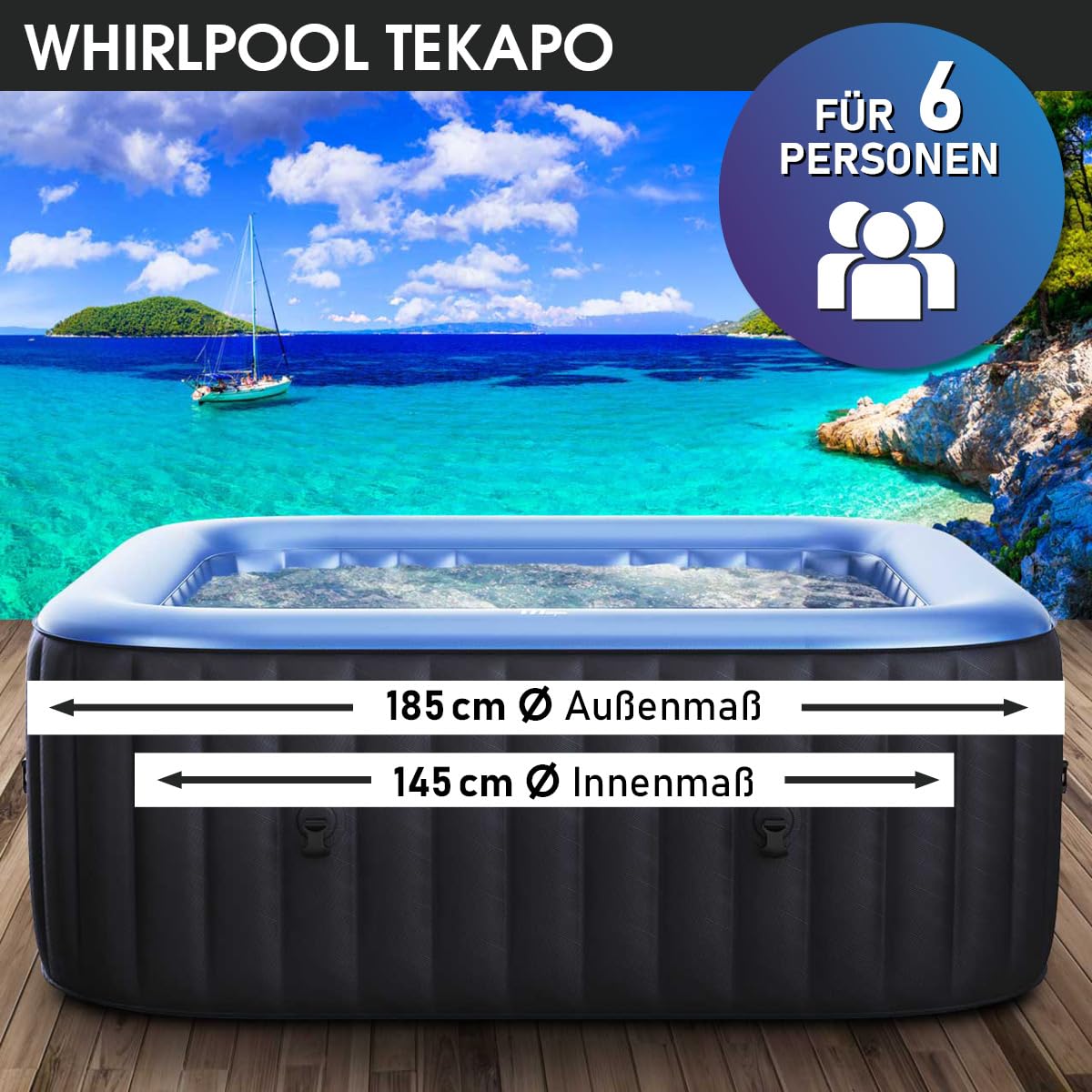 Whirlpool aufblasbar BRAST MSpa Tekapo für 6 Personen 185x185cm In-Outdoor Pool 132 Massagedüsen Energiespar-Timer Heizung Aufblasfunktion per Knopfdruck Bubble Spa Wellness Massage