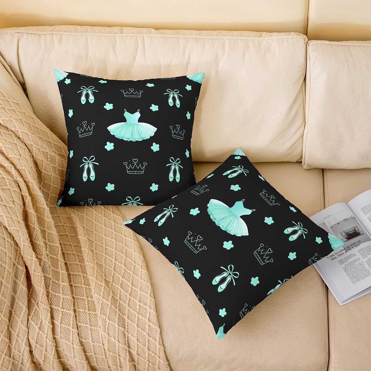 Homewish Ballet Dress Pillow Cover 24x24 Inch Cartoon Teal Flowers Princess Crown Cushion Case for Kids Girls Teens Romantic Bowknot High Heels Girly Cushion Cover for Living Room Couch