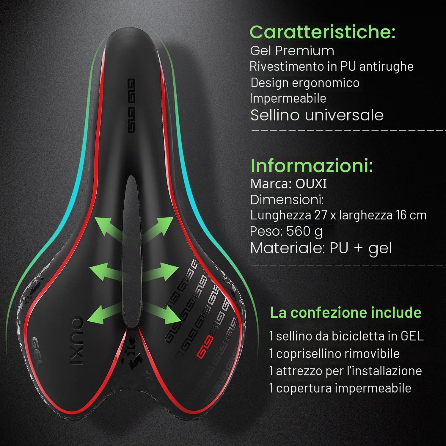 OUXI Sella per Bici Mountain in Gel Sella MTB, Sellino per Bicicletta, Sedile Bicicletta Comoda Ergonomico Impermeabile e Traspirante per Mountain Bike Uomini Donne