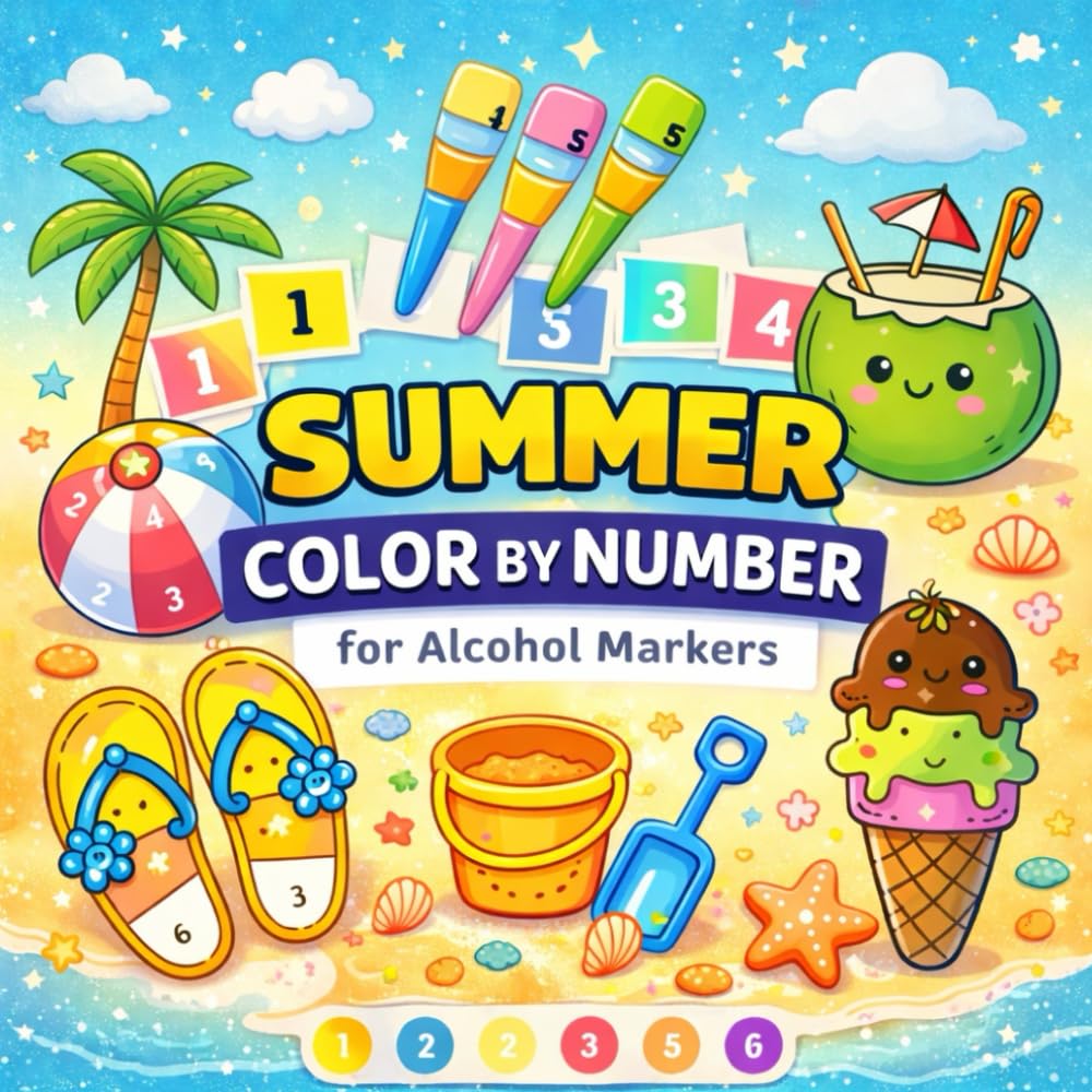 Summer Color by Number for Alcohol Markers: Bold & Easy, Fun Comfy Summer Designs for Adults and Teens