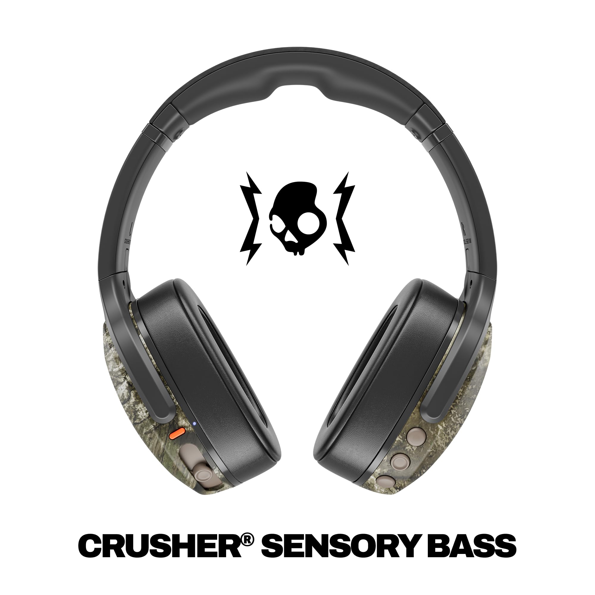 Skullcandy Crusher Evo - Cuffie Bluetooth wireless con bassi multisensoriali, isolamento acustico, fino a 40 ore di batteria, microfono per iPhone e Android, Realtree APX nero/arancione