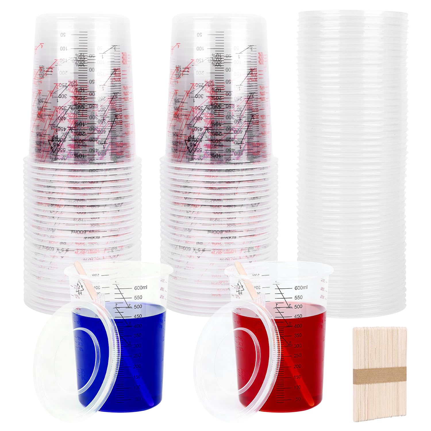 Mischbecher Lack Lackmischbecher Einweg Farbmischbecher mit Skala Mischbecher Epoxidharz Farbbecher mit Mischskala für Kunstprojekte Harz Farbe und Pigmente zum Mischen und Abmessen (600ml-50pcs/Rot)