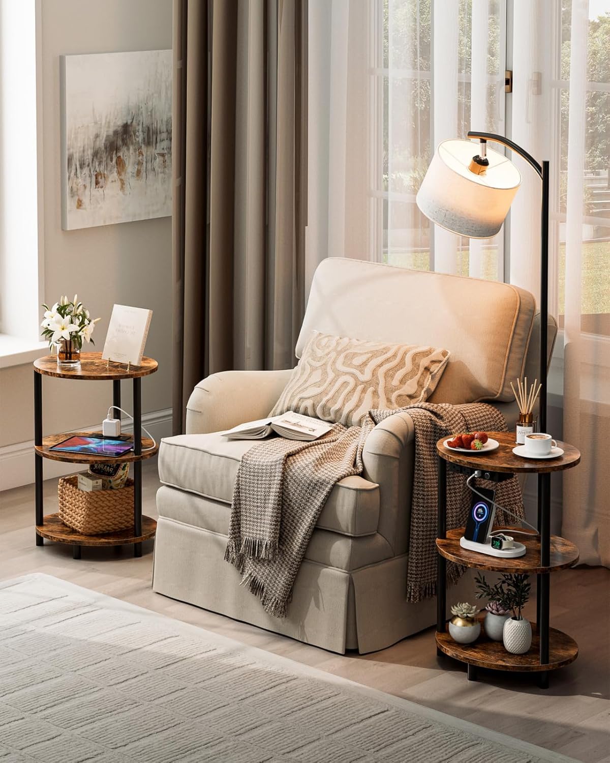 Round Side Table with Lamp and USB Ports, 3-Tier Small End Table for Living Room & Bedroom, Rustic Wood Metal Nightstand for Small Spaces, Easy to Assemble, Rustic Brown