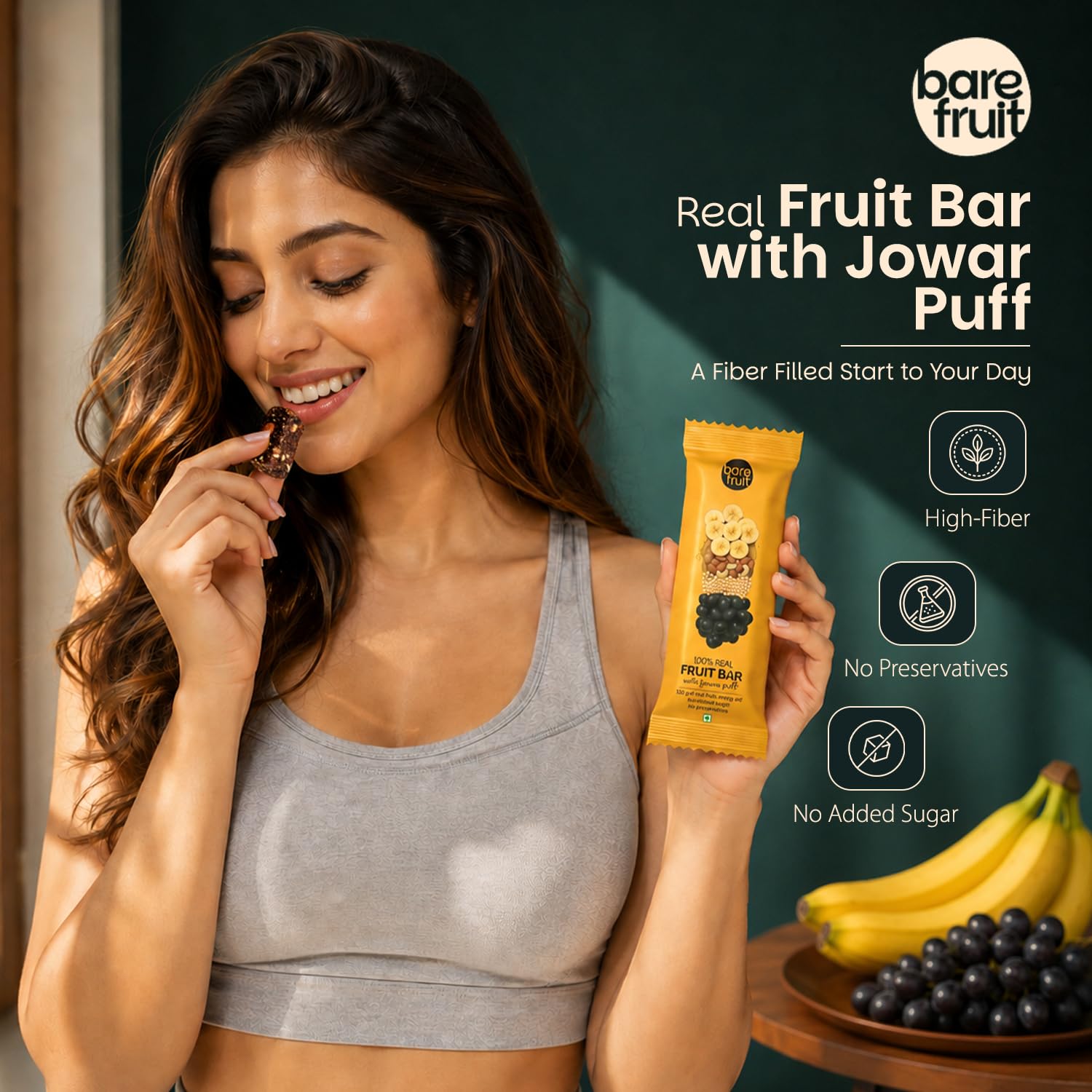 Barefruit Real Fruit Bar with Jowar Puff | Shark Tank India Brand | Solar Dried Banana, Black Grapes & Almonds | High Fiber Healthy Millet Energy Snack | No Preservatives, No Added Sugar (12 Packets) — Amazon image 7