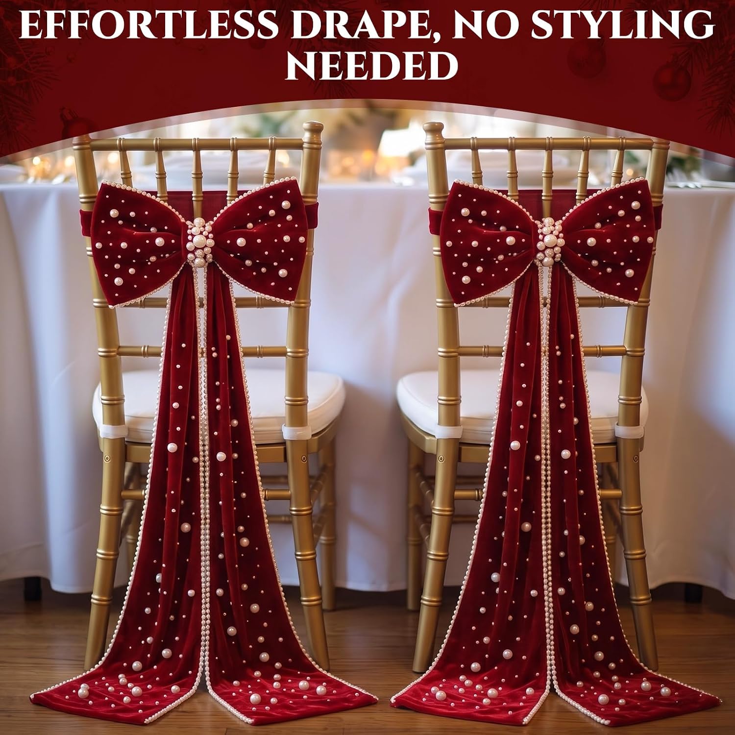 Cindeer 2 Pcs Christmas Chair Sashes, Pearl Velvet Bow Decorations
