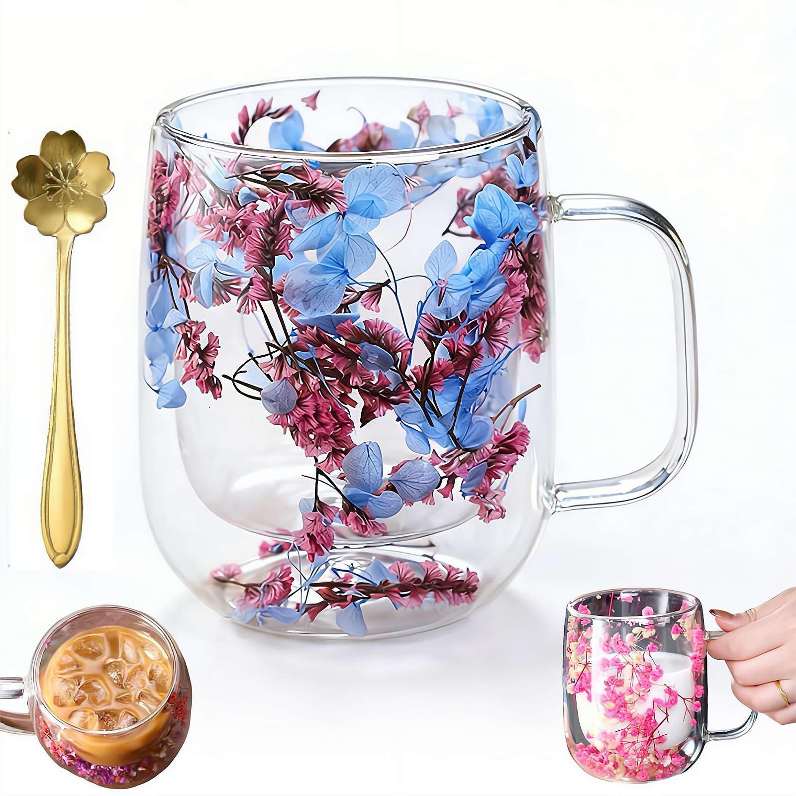 Dried Flowers Glass Mug, 15.2oz Double Wall Insulated Coffee Cup with Real Flowers Inside, Style B, 440ml/15.2oz