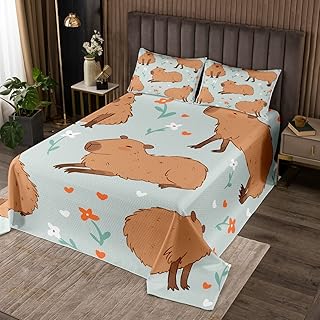 Manfei Cartoon Capybara Kids Bedspread Queen Size,Funny Rodent South America Animals Coverlet Set,Boys Girls Adults Room Decor,Flowers Romantic Quilted Coverlet,Brown Cute Bedding Quilt,2 Pillowcases