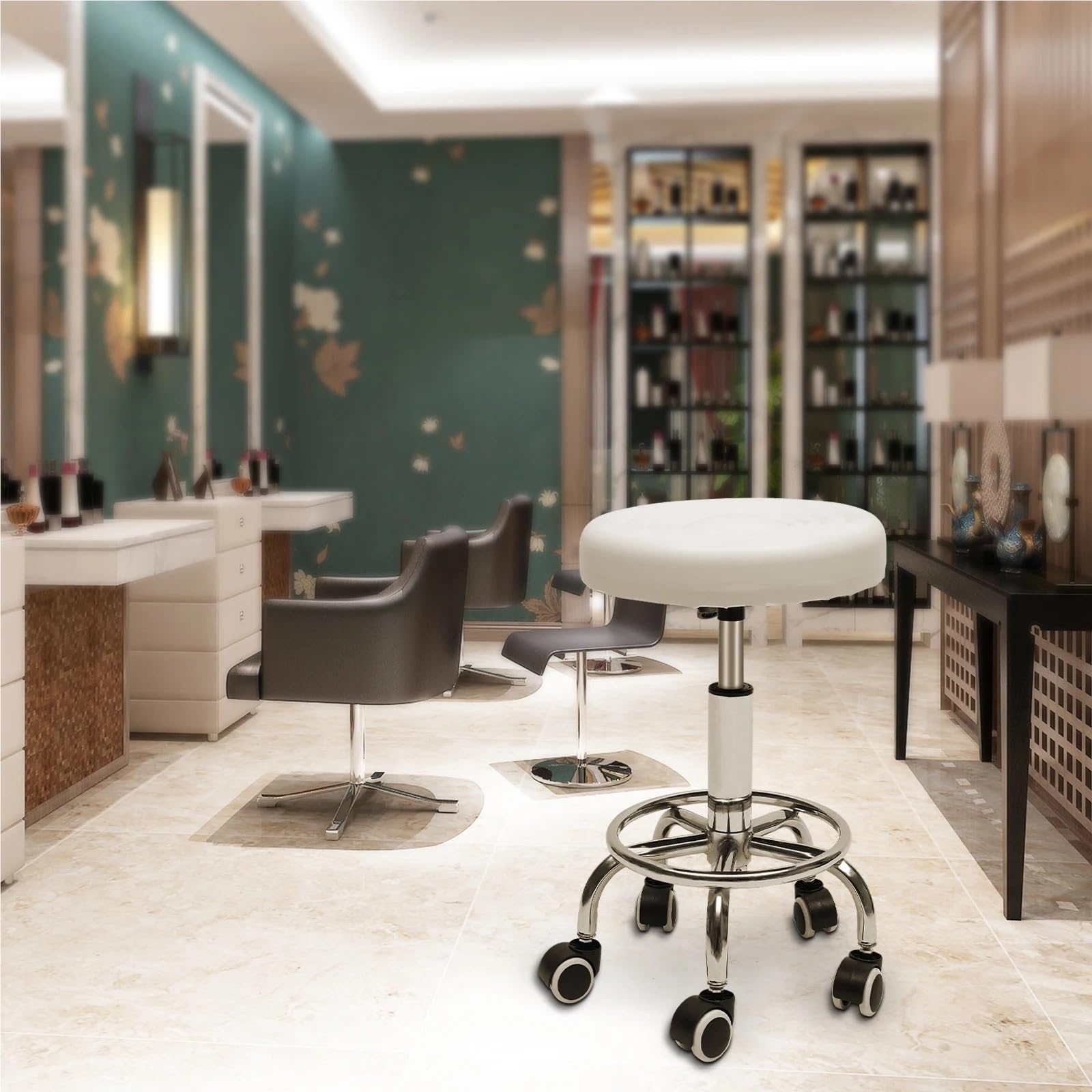 Asiento de mecanico Taburete Redondo con Ruedas y reposapiés de Altura Regulable para masajes de SPA y salón, Color Blanco y Negro Taburete Taller(White)