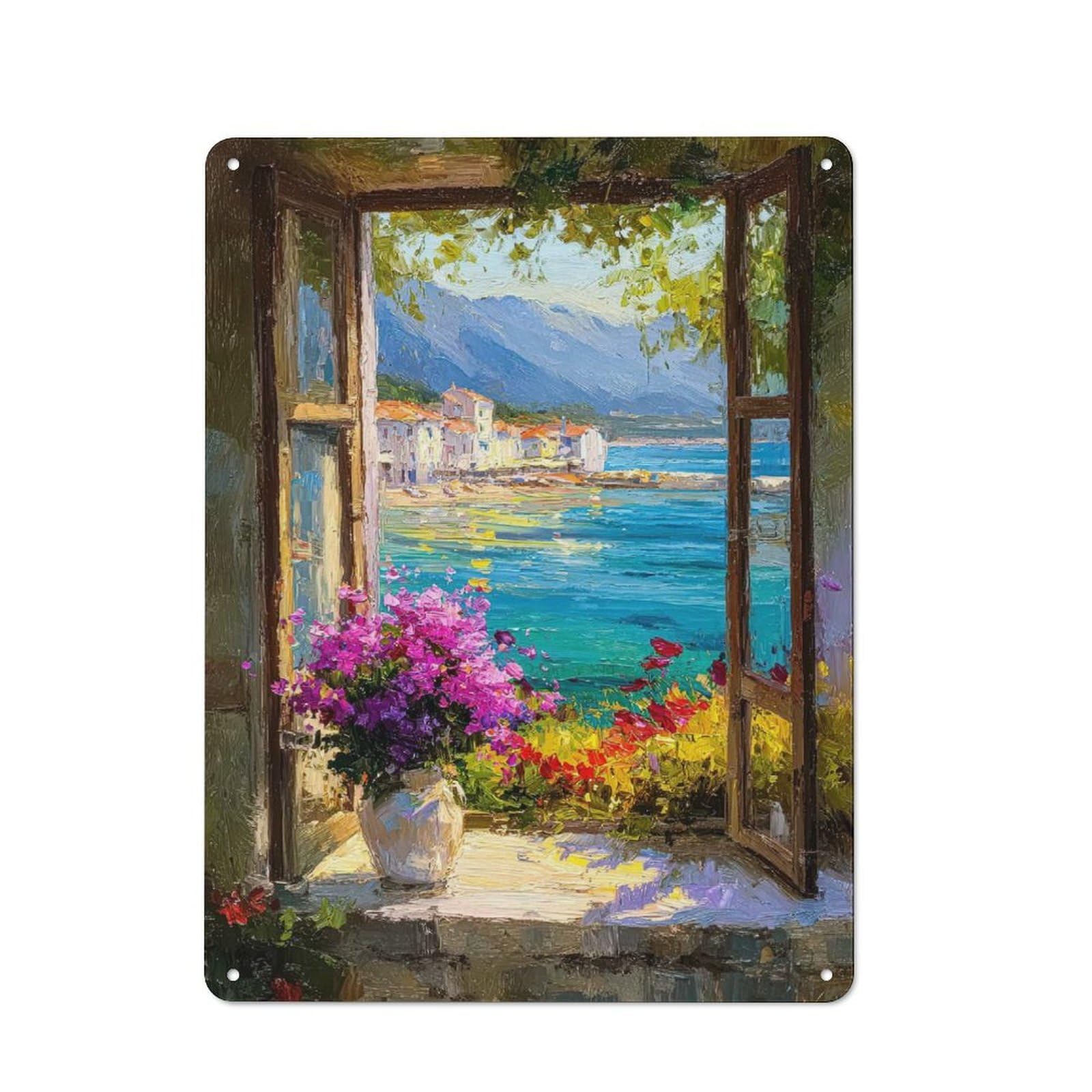 Junmoney Style-18 40X30cm Rustic Metal Wall Sign With Window View Of Mediterranean Coastal Town For Living Room Wall, Metal Sign Decor For Living Rooms And Feature Walls