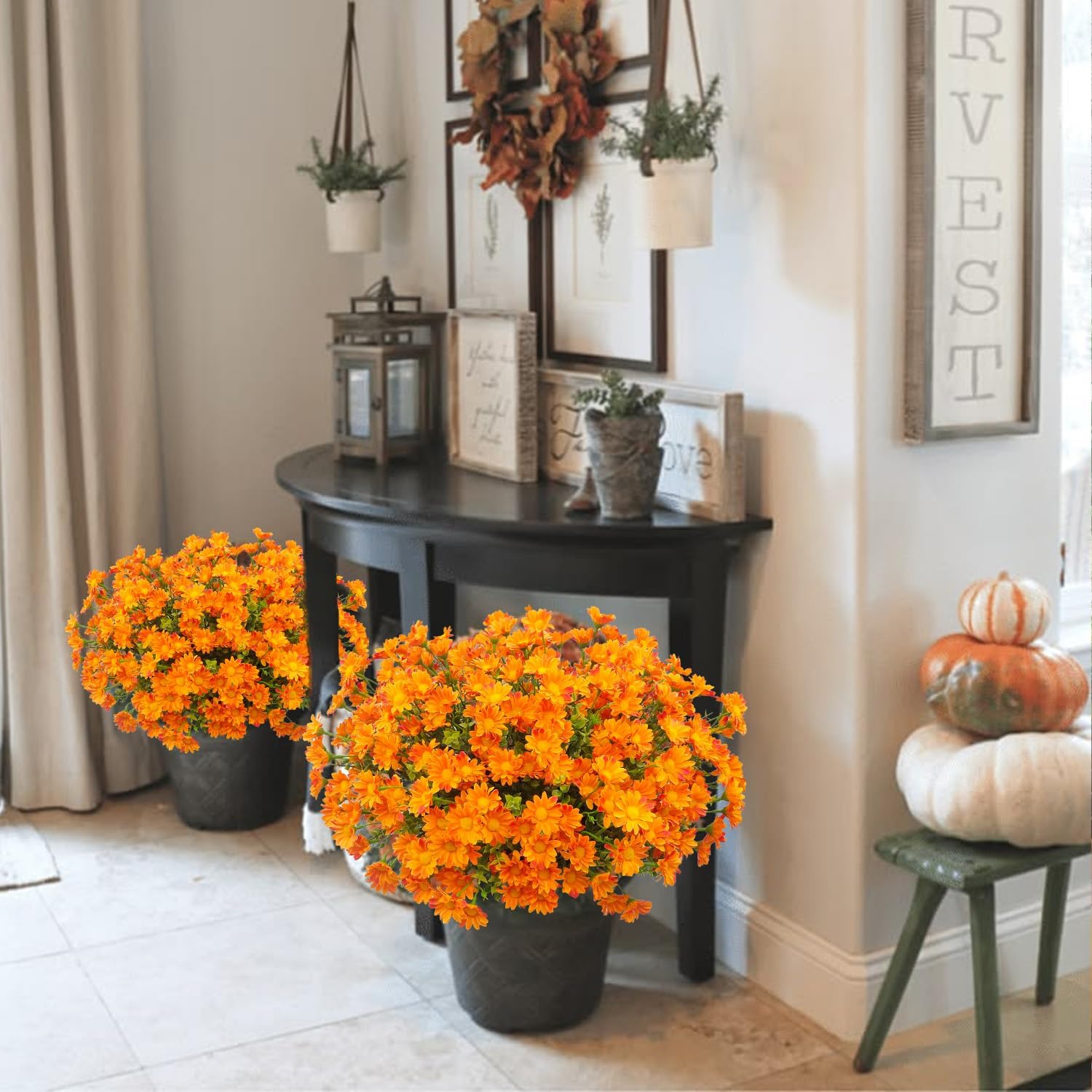 16 Bundles Artificial Mums for Outdoors Fake Fall Flowers UV Resistant Faux Silk Daisy Plastic Greenery Plants Bulk for Home Outside Porch Garden Balcony Planter Pots Autumn Decor(Fall Orange) image 4