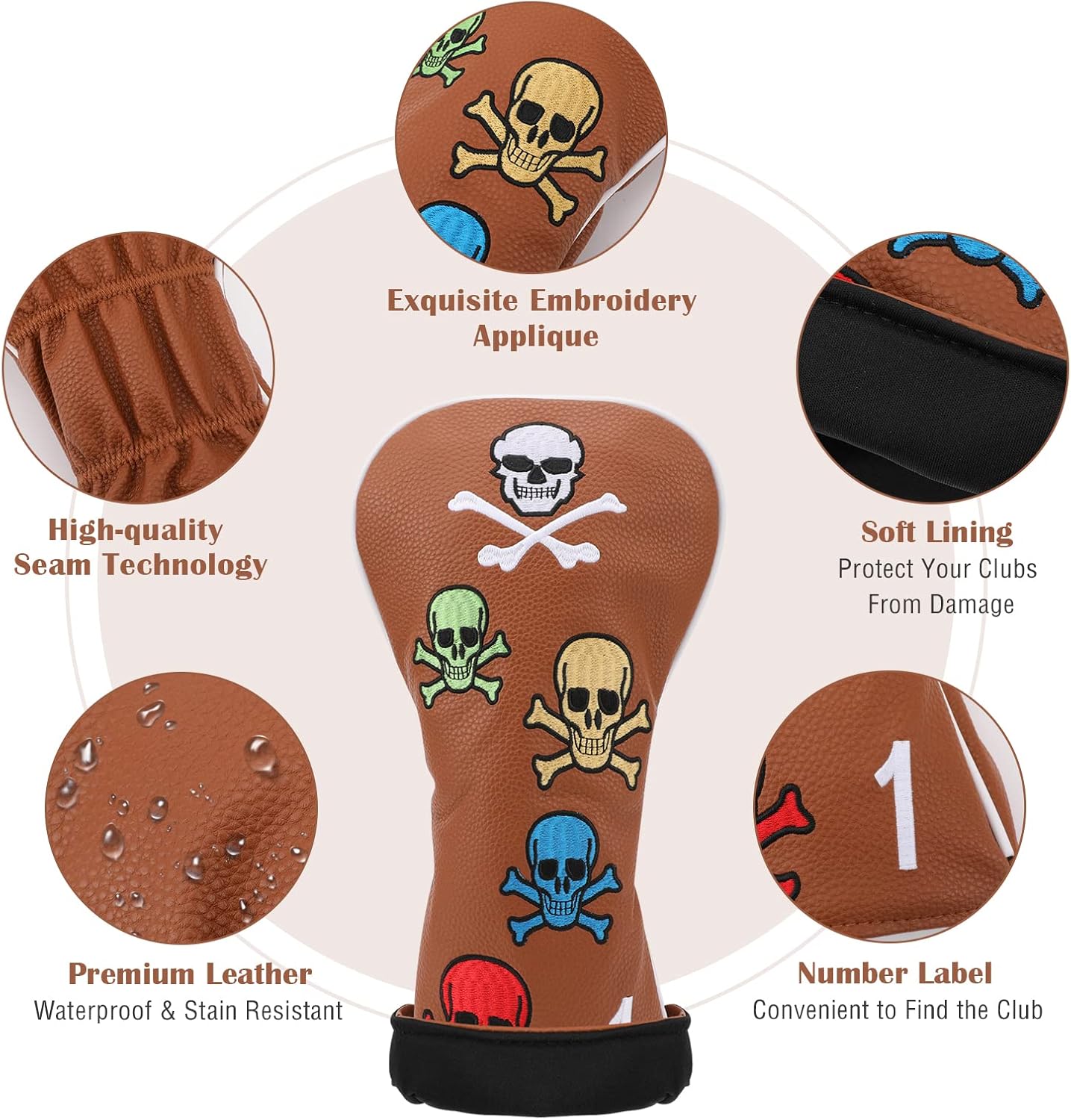 Number-one Golf Club Head Covers for Fairway Woods Driver Hybrids, 4Pcs Leather Golf Headcover Set with Skull Patterns Embroidery and Numbers 1 3 5 H, Golf Club Headcovers for Club Men Women (Brown) : Sports & Outdoors