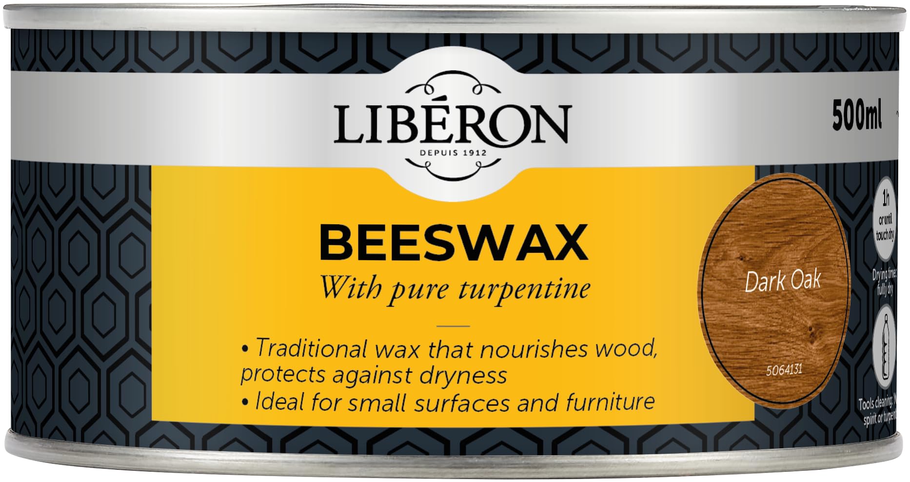 Libéron Beeswax Paste with Pure Turpentine - Traditional Wood Nourishment - Enhances Natural Grain & Protects Interior Wood - Ideal for Furniture & Small Surfaces - Dark Oak - 500ml