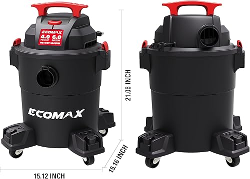 Miniatura 8 de ECOMAX Aspiradora en seco y húmedo de 6 galones, 4 HP 85 CFM 3 en 1 con función de succiónsopladoseco, aspiradora portátil resistente para taller,