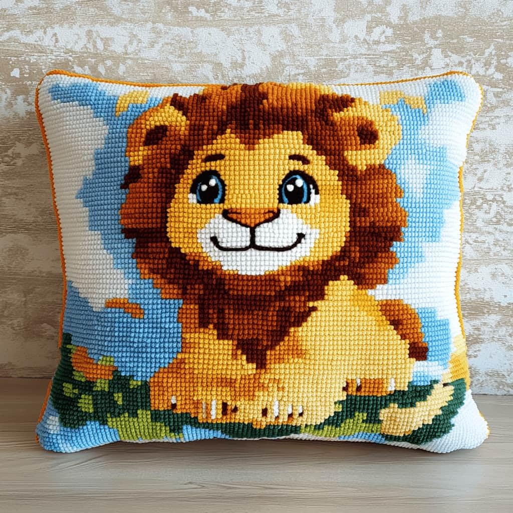 Kitquiver Latch Hook Kits Lion for Adults,Beginners DIY Latch Hook Cushion Kits and Latch Rug Kits Cross-Stitch Embroidery Cushion Cover for Home Sofa Decoration 17X17 in