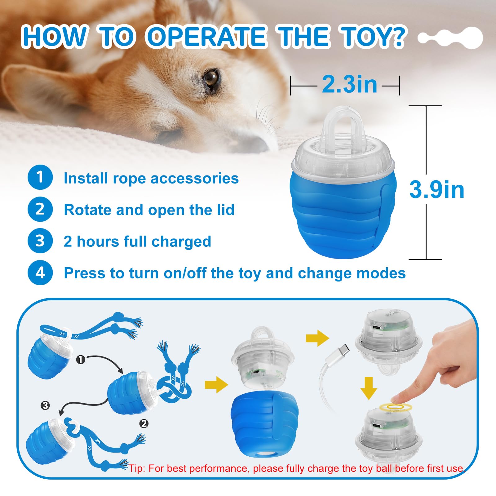 Interactive Dog Toys, [2026 Newly Upgraded] Interactive Dog Ball for Medium/Large Dogs, Automatic Moving Dogs Toy Wicked Ball for Boredom & Training, Play Music, USB Rechargeable(Blue) - image 7