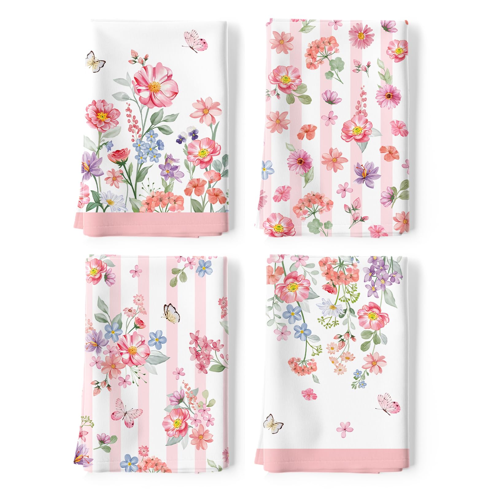 Arquiel Pink Floral Tea Towels 100% Cotton Quick Dry Wildflower Kitchen Towels, 48 x 70 cm Absorbent Dish Cloth for Kitchen Home Decor, Housewarming, Birthday Gifts for Women, Set of 4