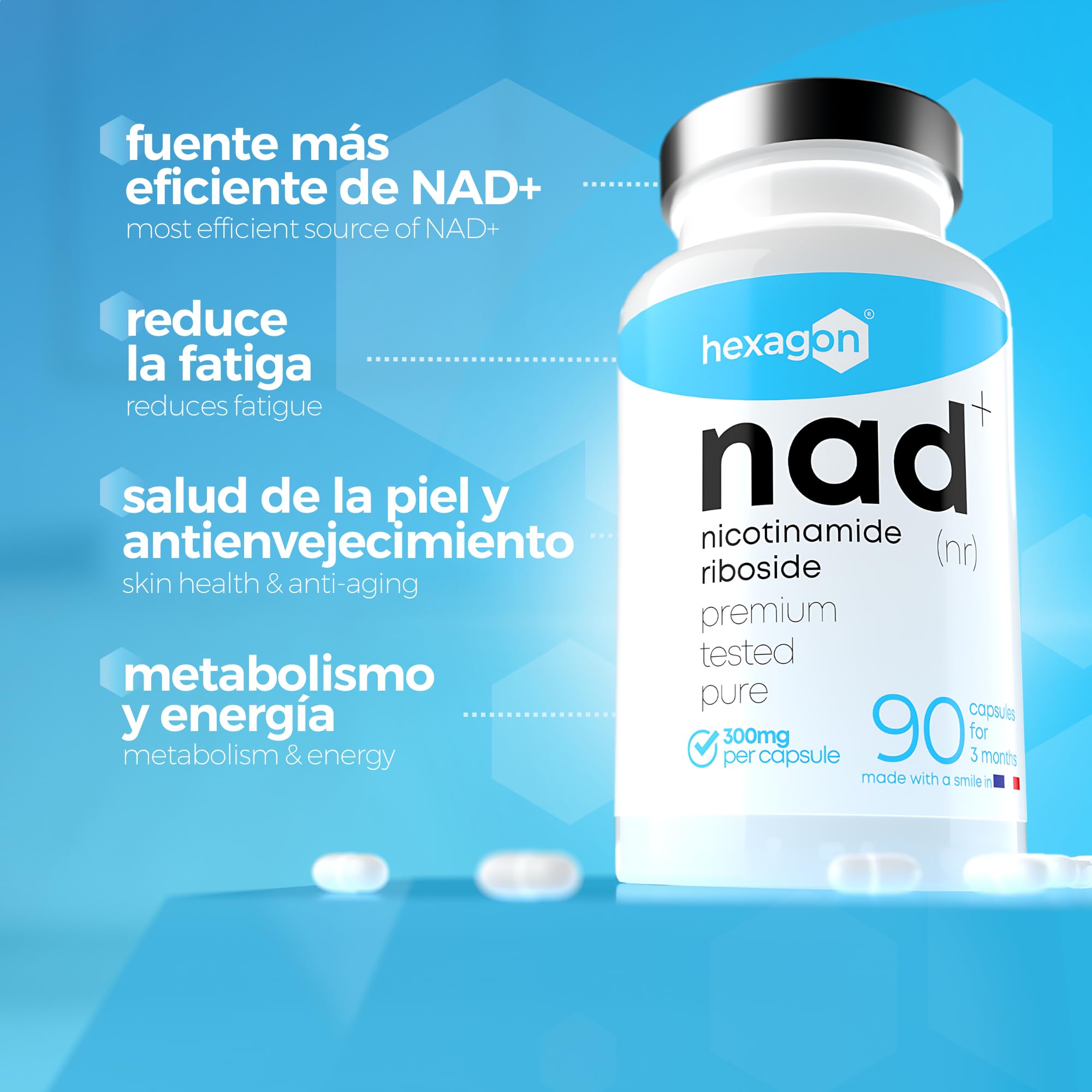 NAD+ Nicotinamide Riboside Chloride 300mg - +3 Meses de Cura - Contra la Edad y la Fatiga, NAD Booster - Polvo Puro, 90 Cápsulas - Grado Farmacéutico - Vegano - Hexagon