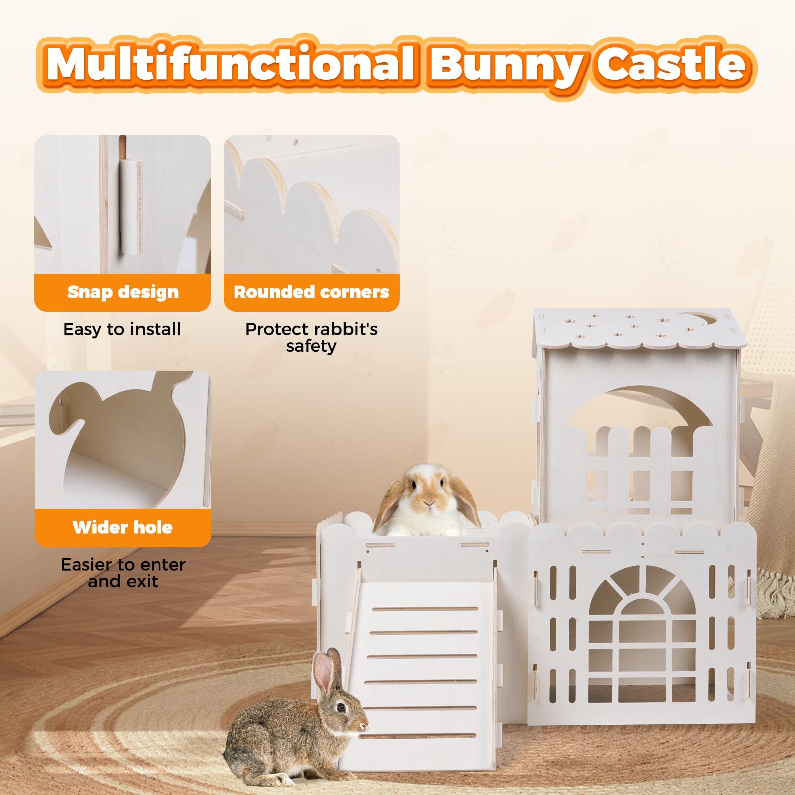 Casa grande de conejo con 2 alfombrillas para rascar conejos, castillo de conejo de madera con 3 casas en interiores, jaula de cobayas, torre de escalada de varios pisos, castillo de madera