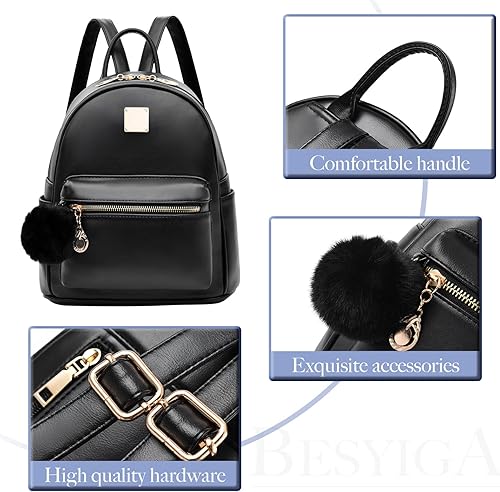 Miniatura 6 de BESYIGA Mochila de moda para mujer, 3 piezas, de cuero, mini mochila para mujer, mochila escolar con pompón, mochilas de viaje, Rosado, Mochilas