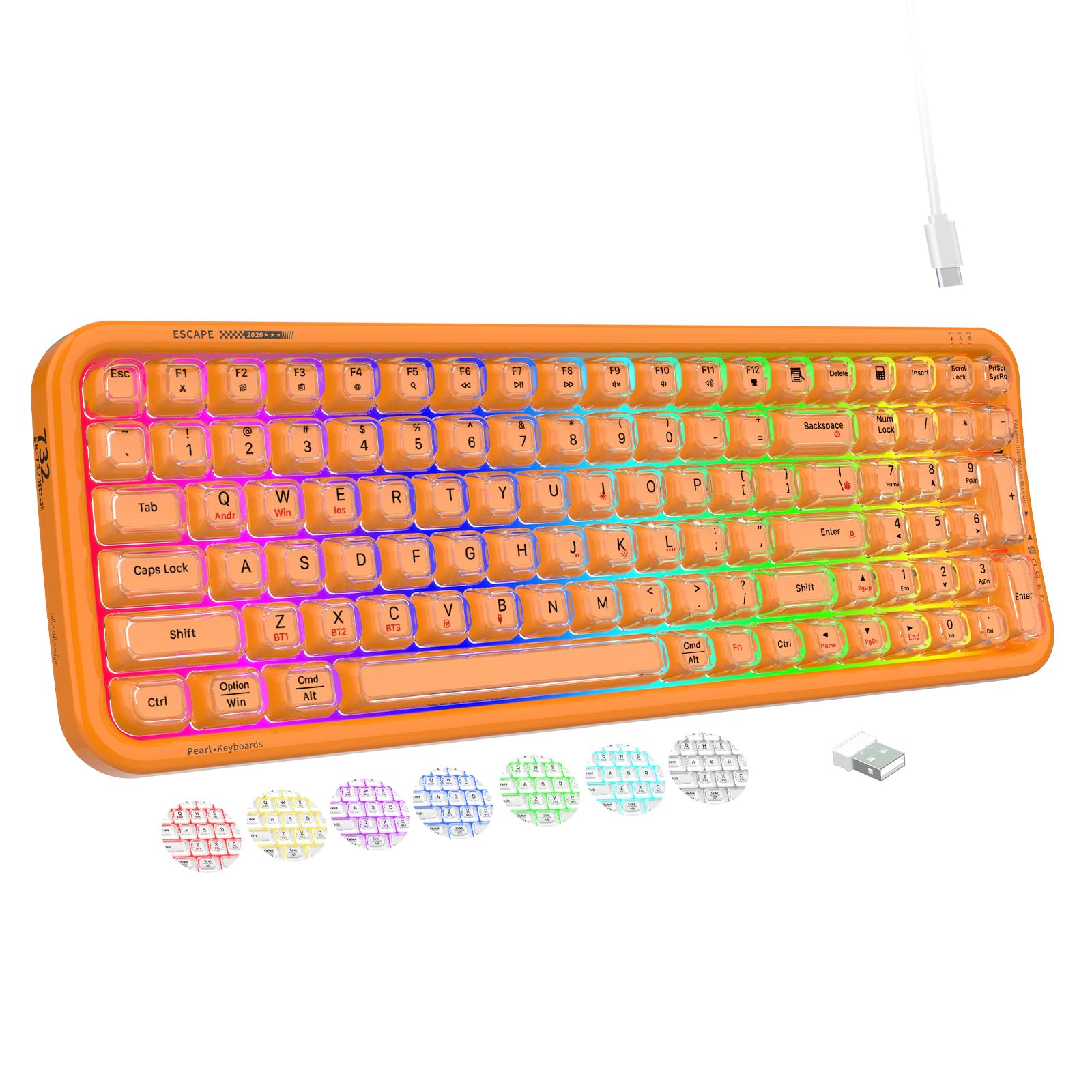 FOPETT Wireless Keyboard, 3 Modes 2.4G/USB/Bluetooth 100 Keys RGB Gaming Keyboard Wireless, w/No-Lag Connection, Keyboards for PC/Win/Mac Gamers, （Transparent Orange）-image-37