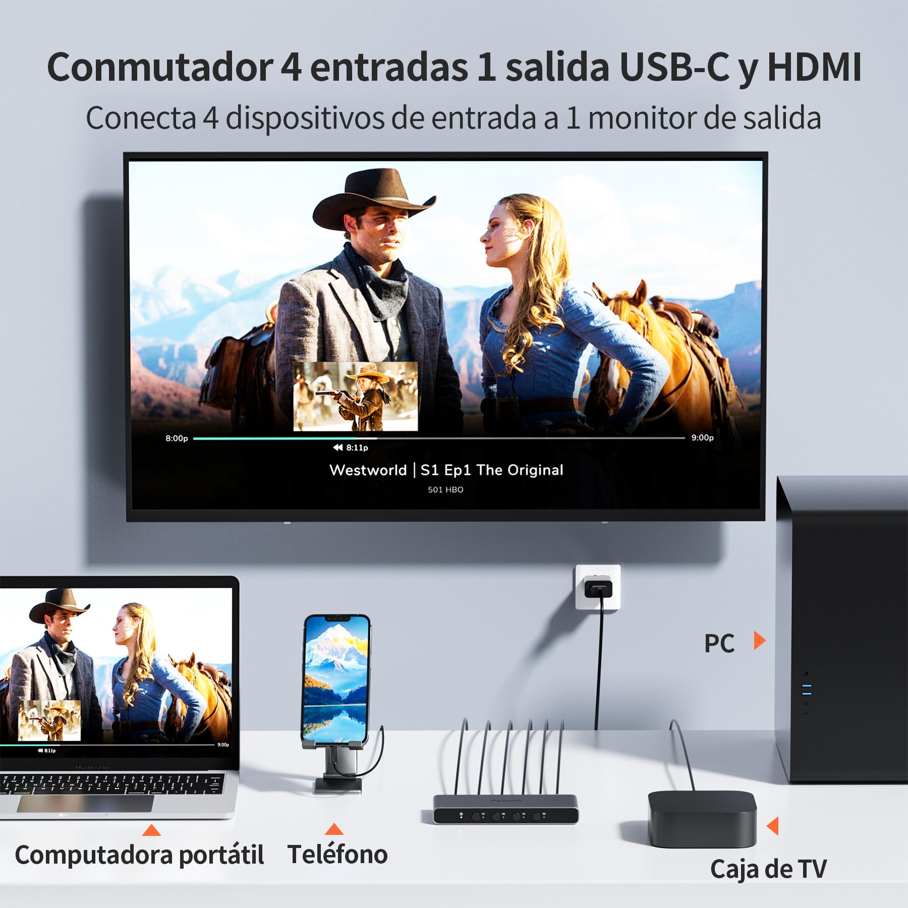 Alxum Switch KVM para 2 PC y 2 monitores, 2 entradas DP y 2 salidas HDMI | 4 USB 3.0, 4K@60Hz, compatible con teclado, ratón, audio, almacenamiento, incluye 2 cables USB-B y fuente de alimentación