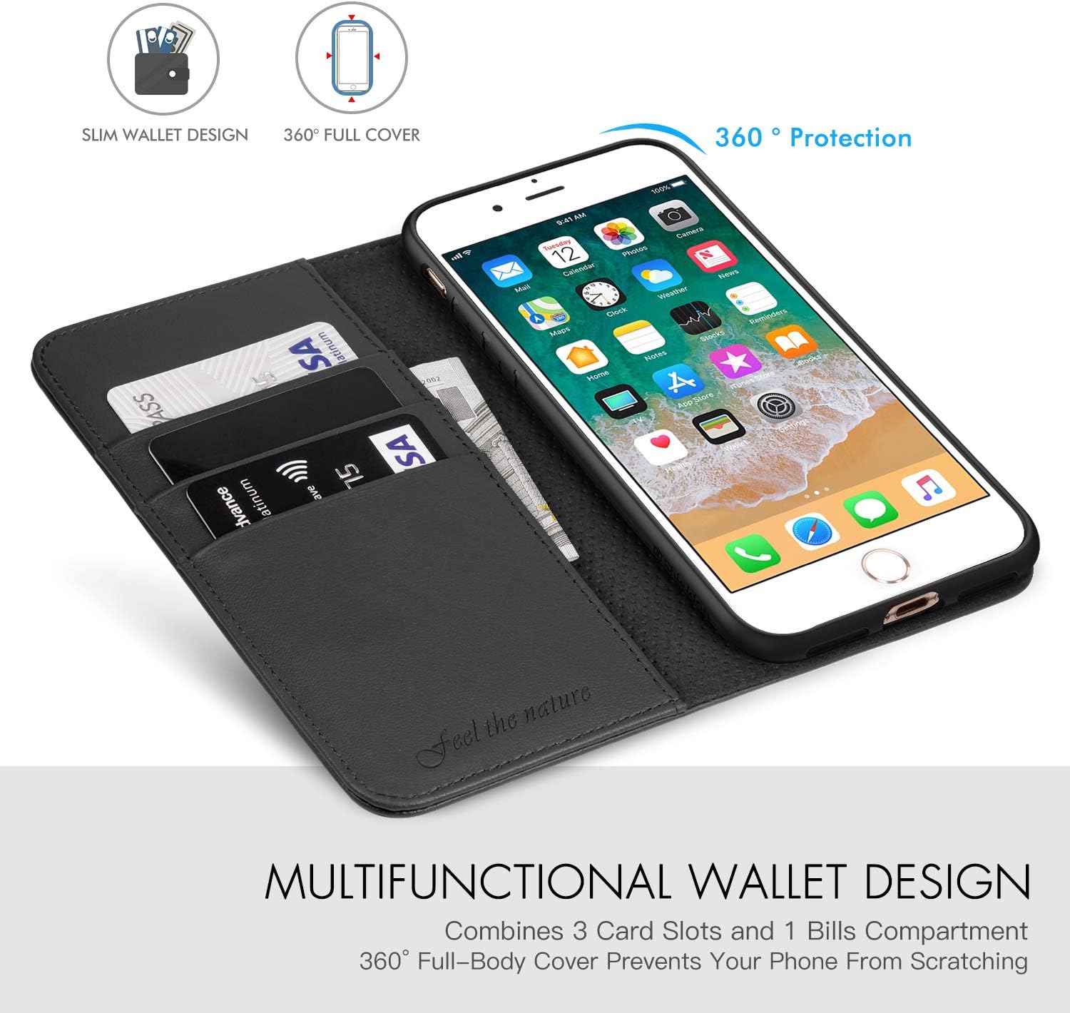 Flash Sale SHIELDON Genuine Leather iPhone 8 Plus Wallet Case Book Flip Cover and [Credit Card Slot] Magnetic Closure Compatible with iPhone 8 Plus / 7 Plus - Black