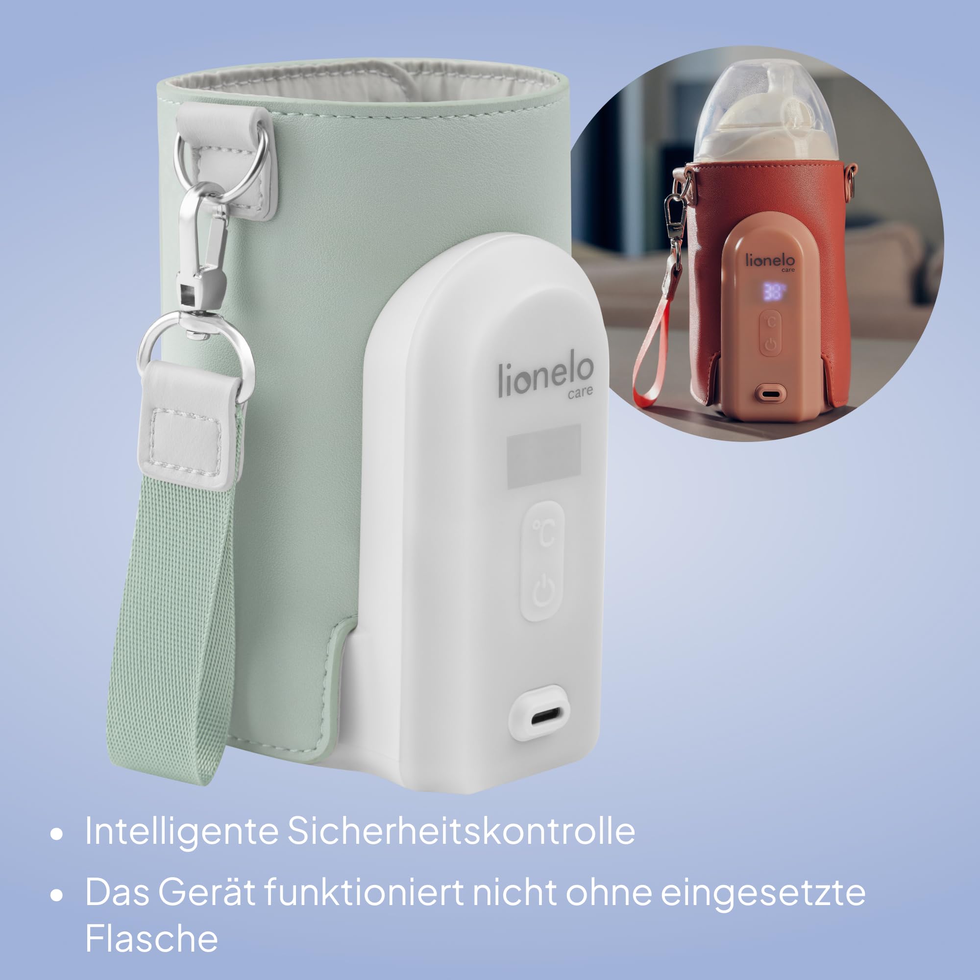 LIONELO Thermup Go Evo Tragbarer Babyflaschenwärmer hält Flüssigkeiten warm | 5 Betriebstemperaturen von 38 bis 50o C, USB-C Aufladung, bis zu 9 Stunden Betrieb, LCD Display