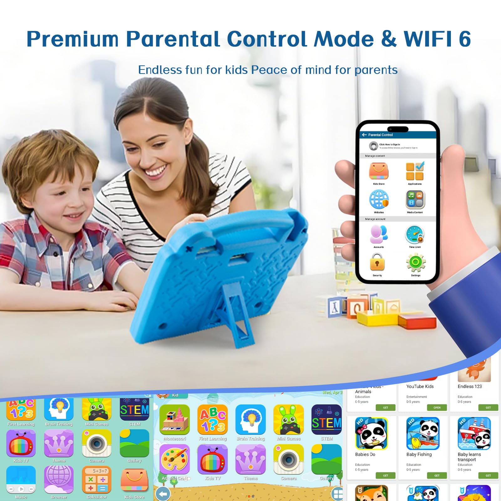 Tablet per bambini da 10,1 pollici, tablet Android per bambini, Android 15, display 1280x800, CPU Octa-Core, 8GB+64GB, 1TB espandibile tramite Micro SD, WiFi 6 (2.4G+5G), controllo genitori