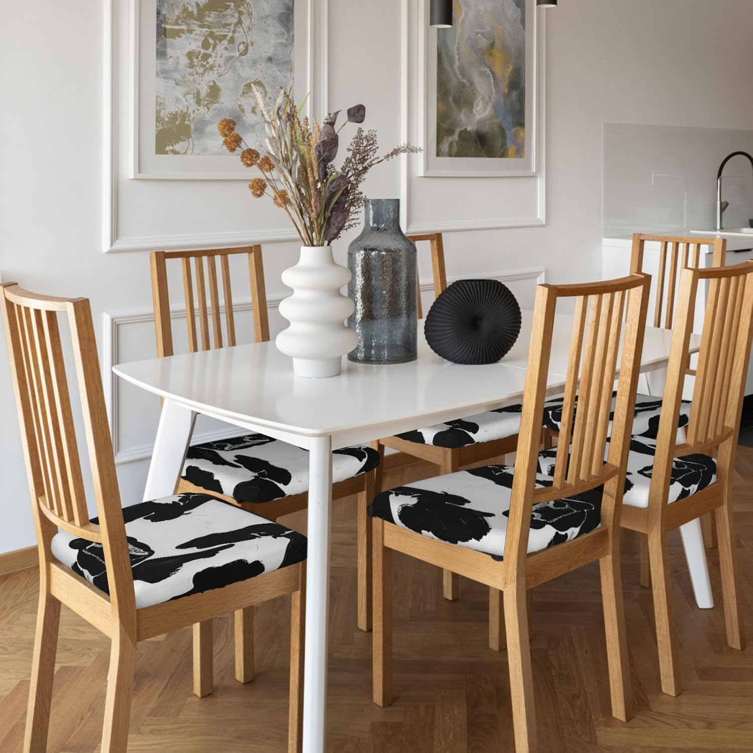 Black and White Cow Print Print Square Cushion Covers 6 Pcs Set Elastic Non-Slip Seat Cushion Slipcovers Pet Furniture Protectors for Chair, Sofa