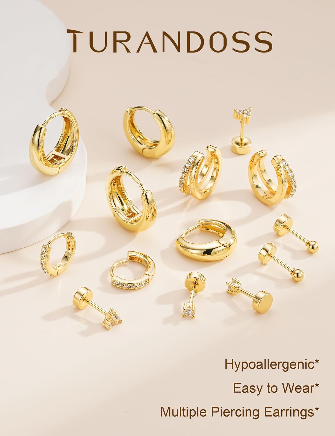 Turandoss 7 Pairs Gold Hoop Earrings for Women, 14K Gold Plated Hypoallergenic Small Huggie Hoops Earrings CZ Stud Earrings Stack, Cartilage Piercing Jewelry for Multiple Piercings