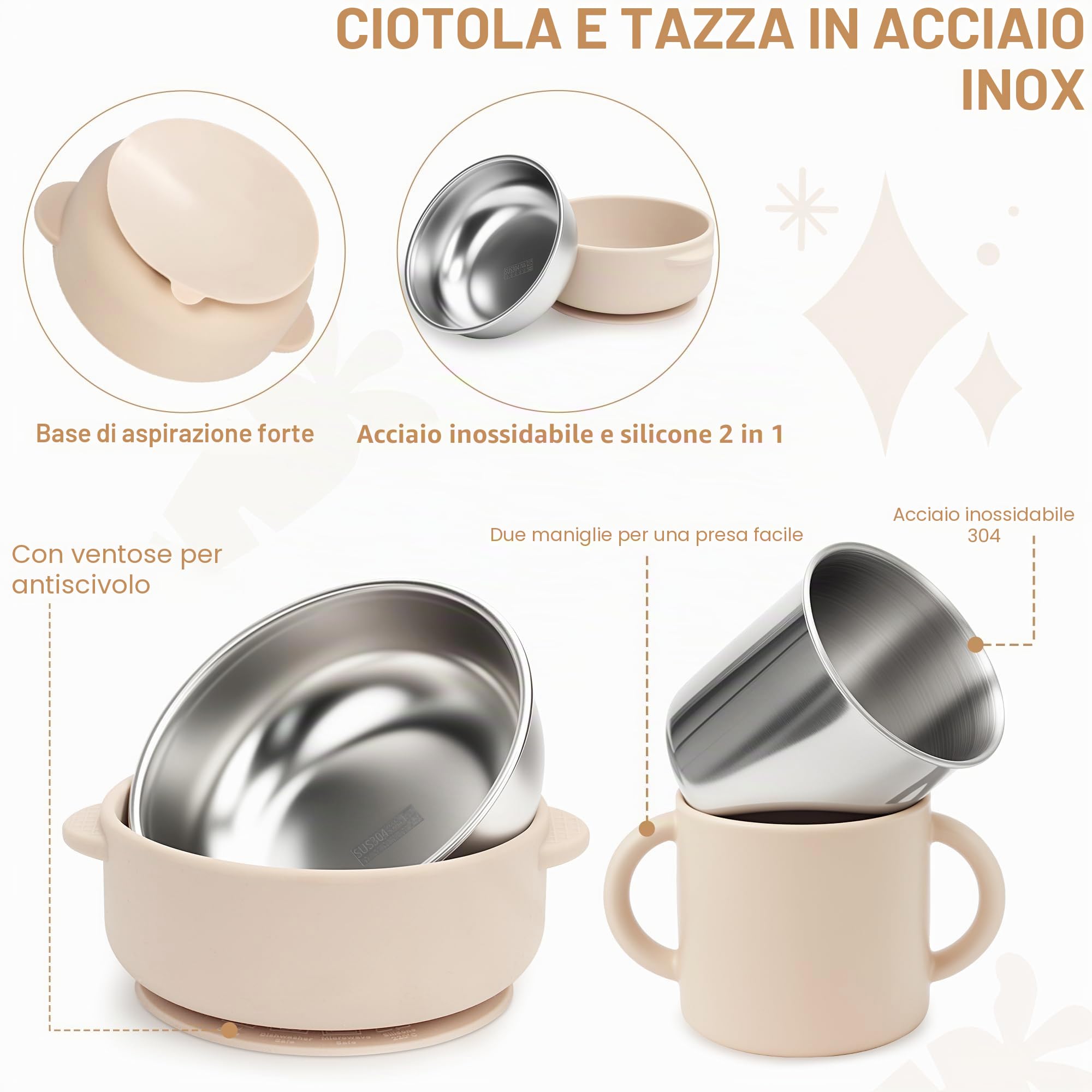 Set di stoviglie per bambini in acciaio inox con ventosa, 6 pezzi in acciaio inox con piatto per bambini, bicchierini per imparare a bere, bavaglini con maniche, cucchiaio per bambini