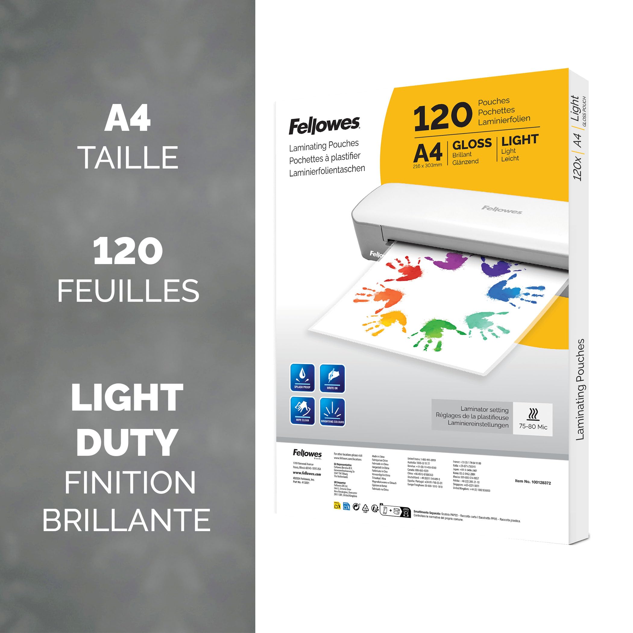Fellowes Plastifieuse Sola A3, 125 Microns, Fonctions Anti-Bourrage Et Arrêt Automatique, Pour Pochettes De 80-125 Microns + Fellowes pochettes de plastification A4, finition brillante, 120 pochettes