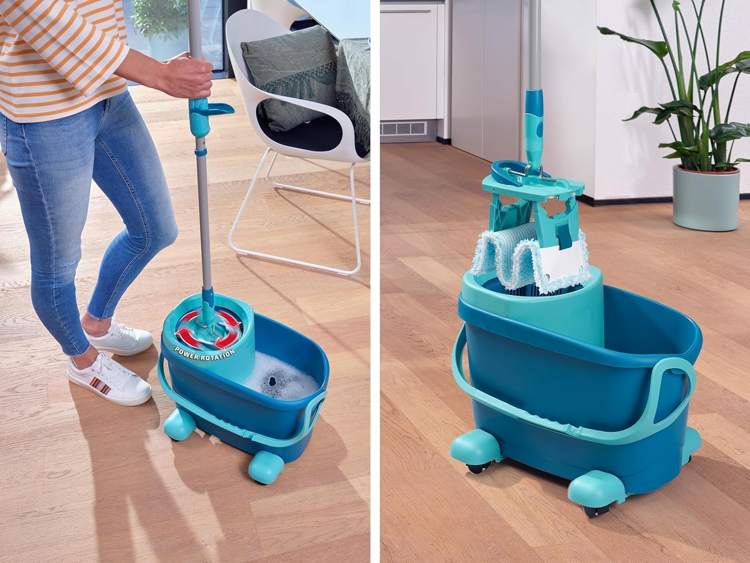 Leifheit Set CLEAN Twist M Flachwischer Ergo 2.0 mit Rollen, Bodenwischer mit Supersoft Bezug für nebelfeuchte Reinigung auf Parkett, Laminat und Echtholz, Mop mit Schleudertechnologie