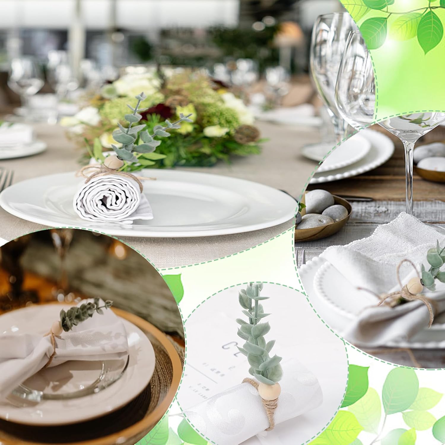 Napkin Rings Set of 4 Eucalyptus Leaf Napkin Rings Boho Wood Beads Farmhouse Napkin Holder for Weddings Christmas Party Table Decoration (Green, 5.7 * 1.7 inches)